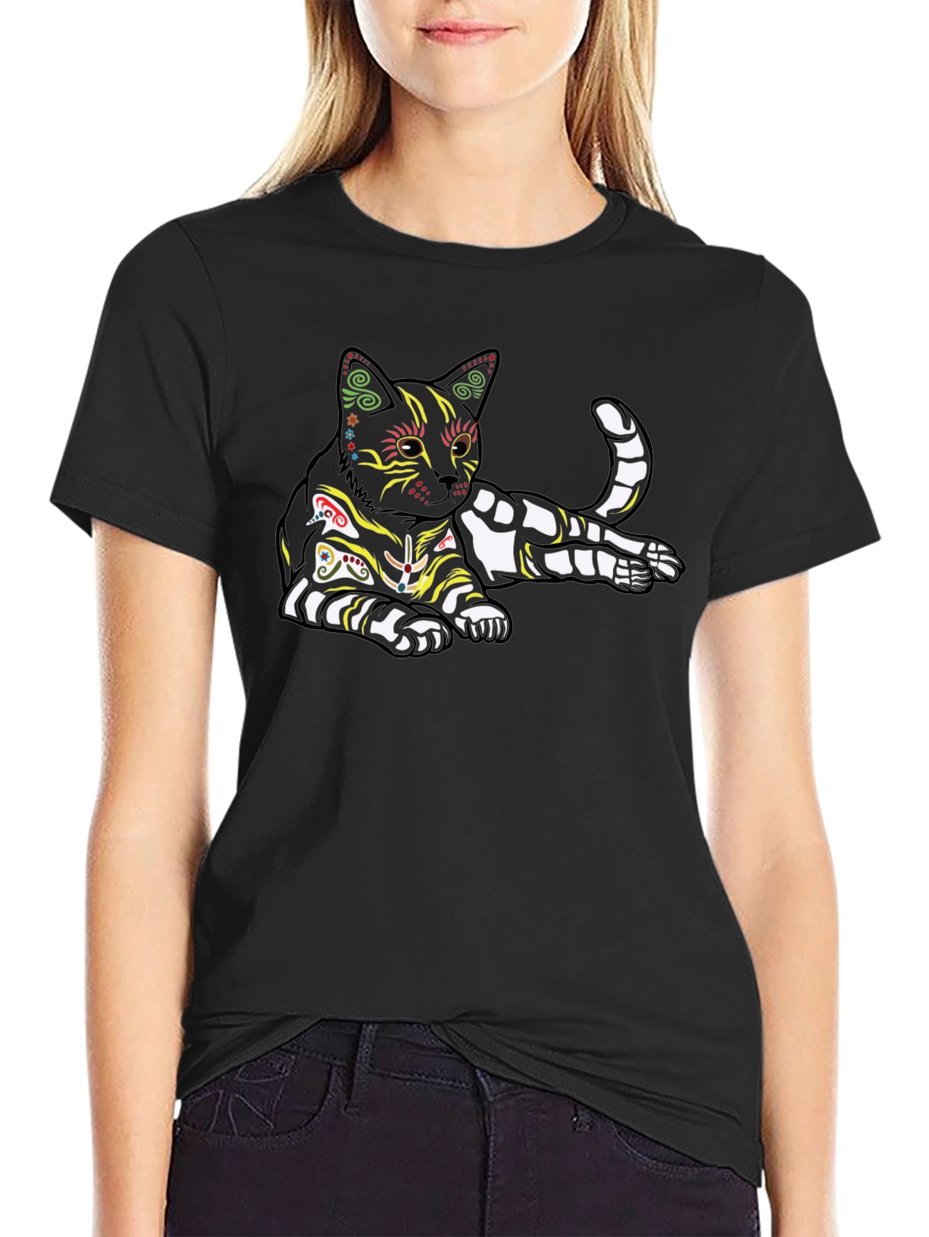 Black Day of the Dead Cat T-Shirt - Sugar Skull Kitten Tee view 2