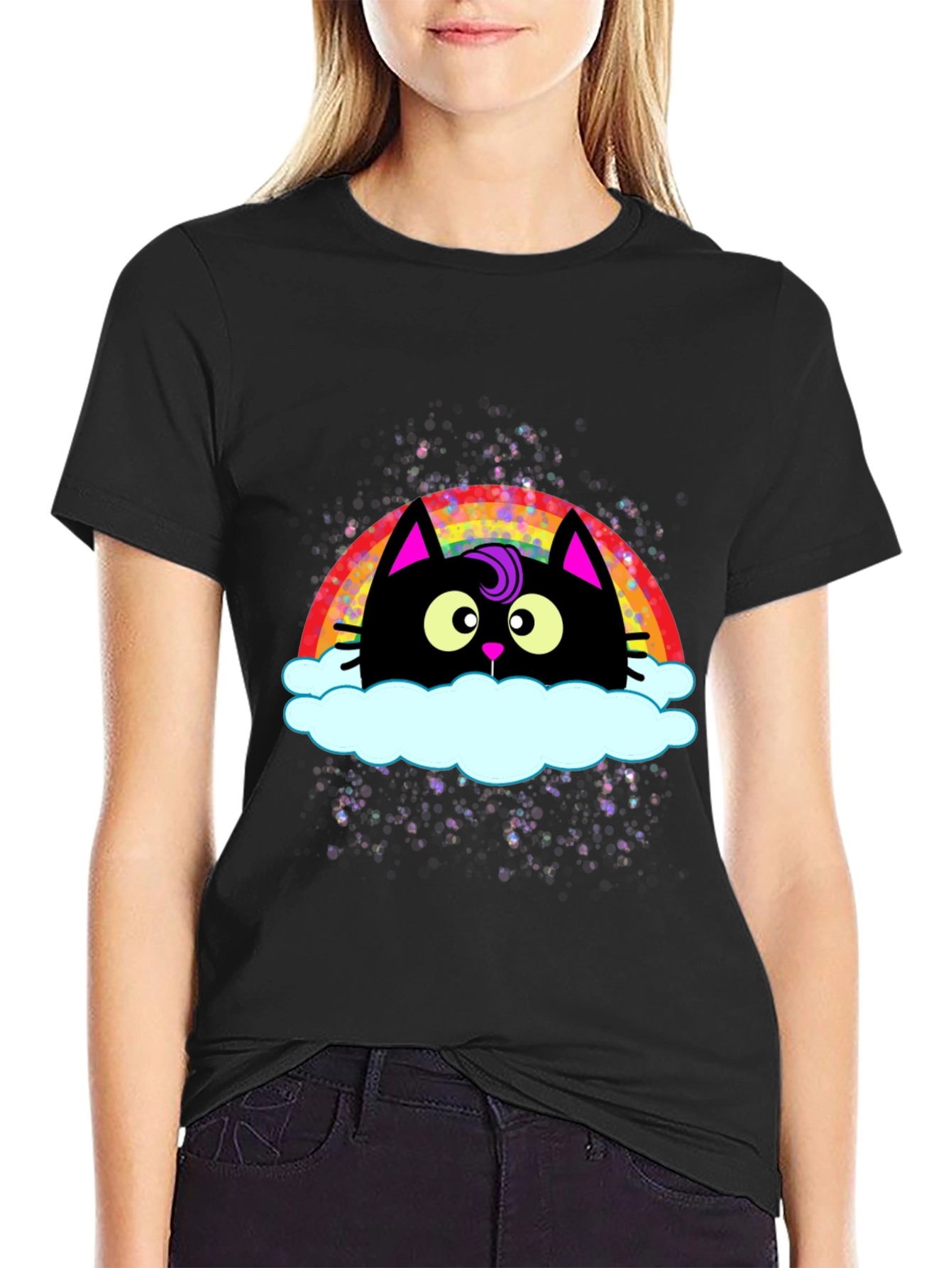 Black Rainbow Cat Cloud Graphic T-Shirt - Trendy Casual Tee view 2