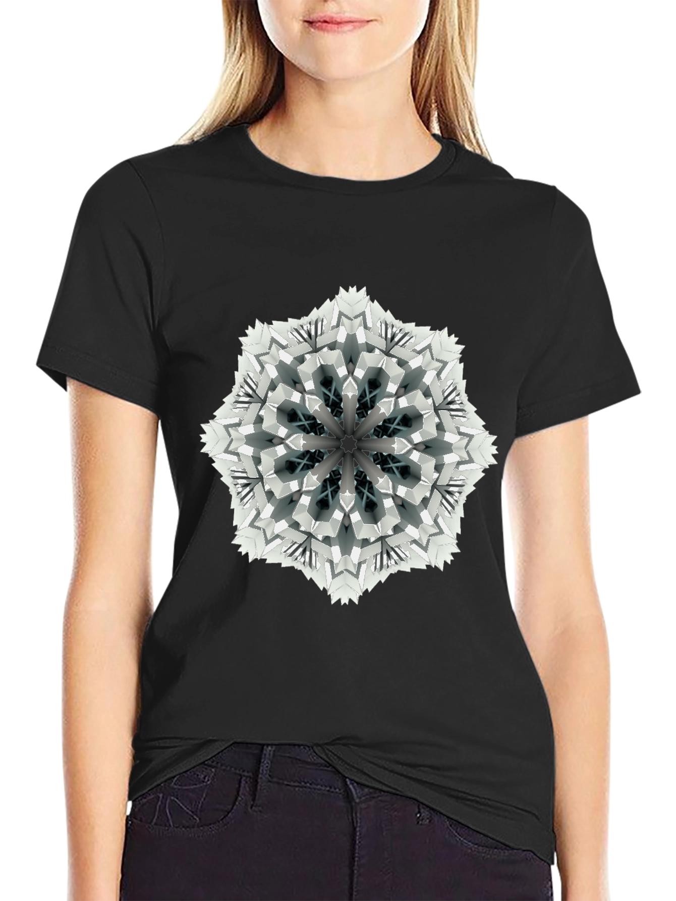Black Geometric Mandala Print Black T-Shirt view 2