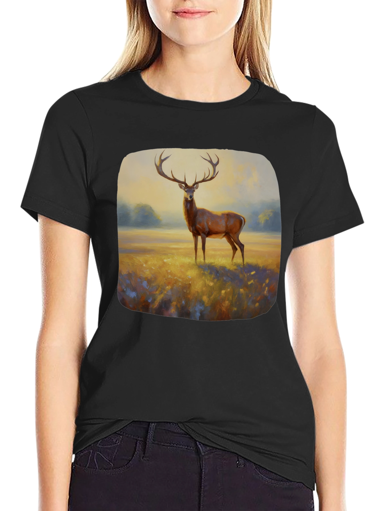 Black Deer Painting Graphic Tee - Nature Inspired Art Shirt view 2