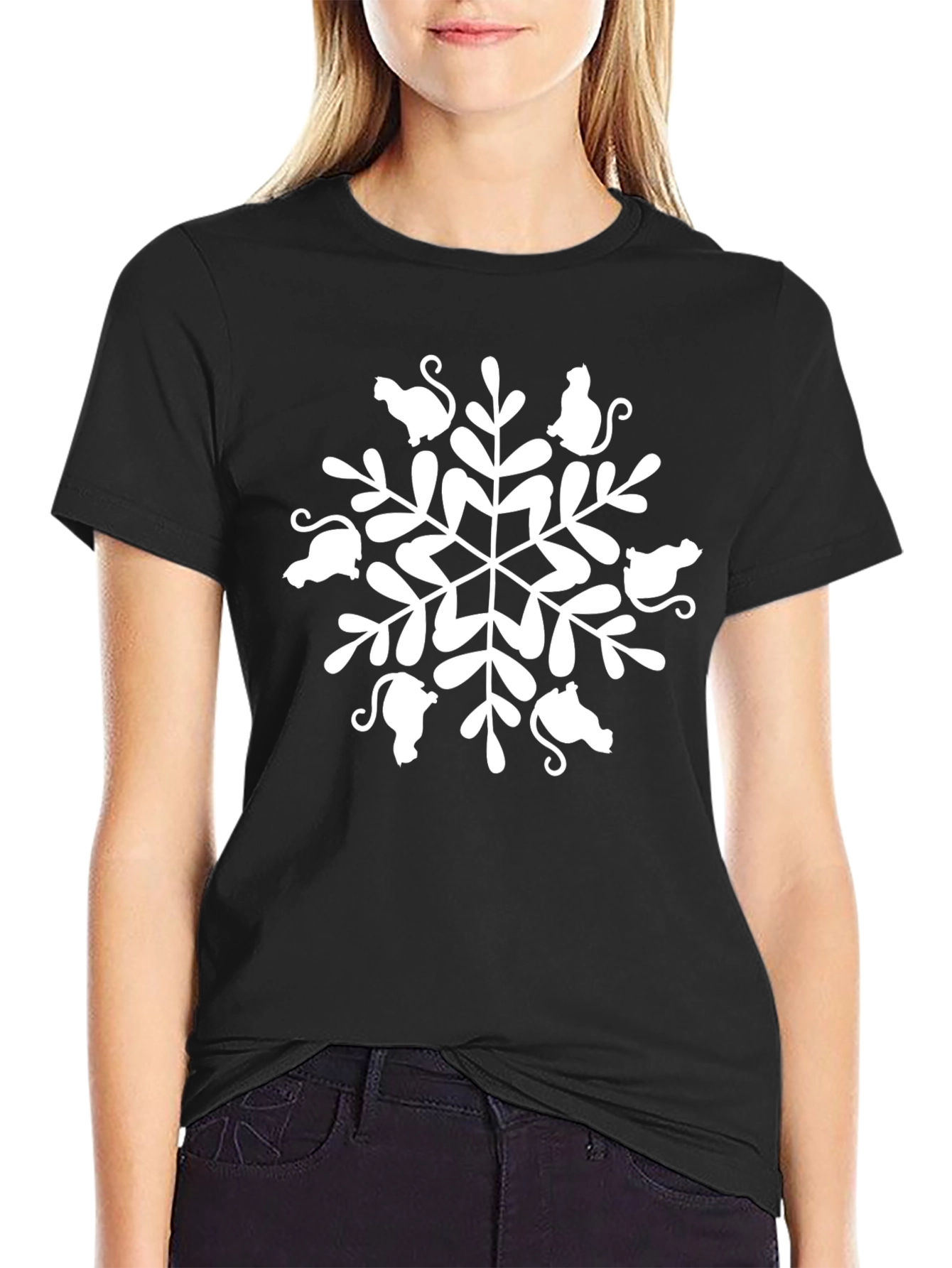 Black Cat Snowflake Graphic Tee - Unisex Black T-Shirt view 2