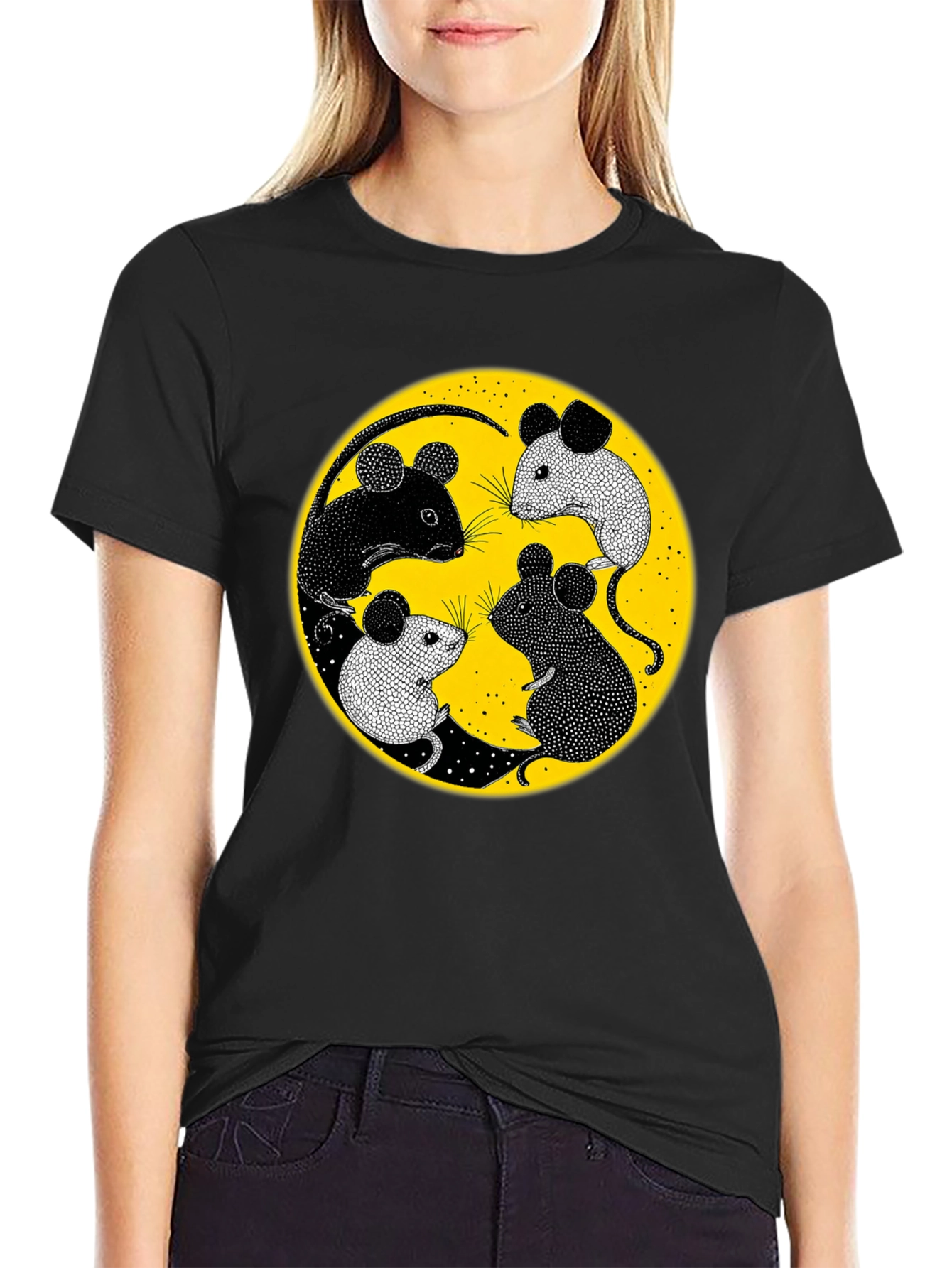 Black Yin Yang Mice Graphic Tee - Black view 2