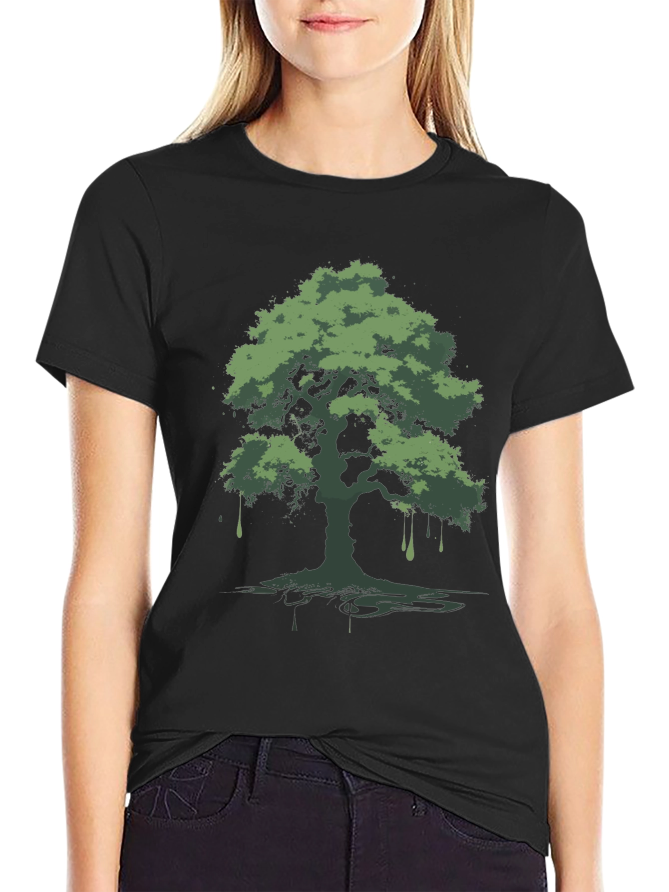 Black Green Tree Graphic Black T-Shirt view 2