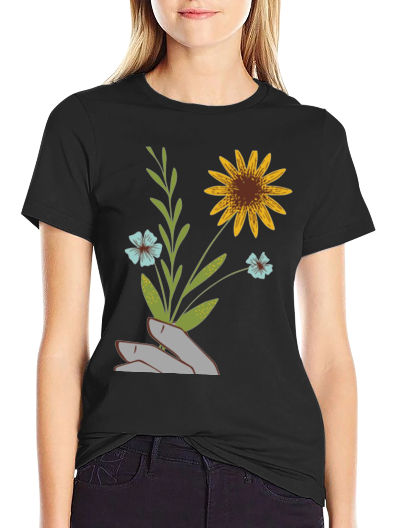 Black Floral Hand Graphic Tee - Black view 2