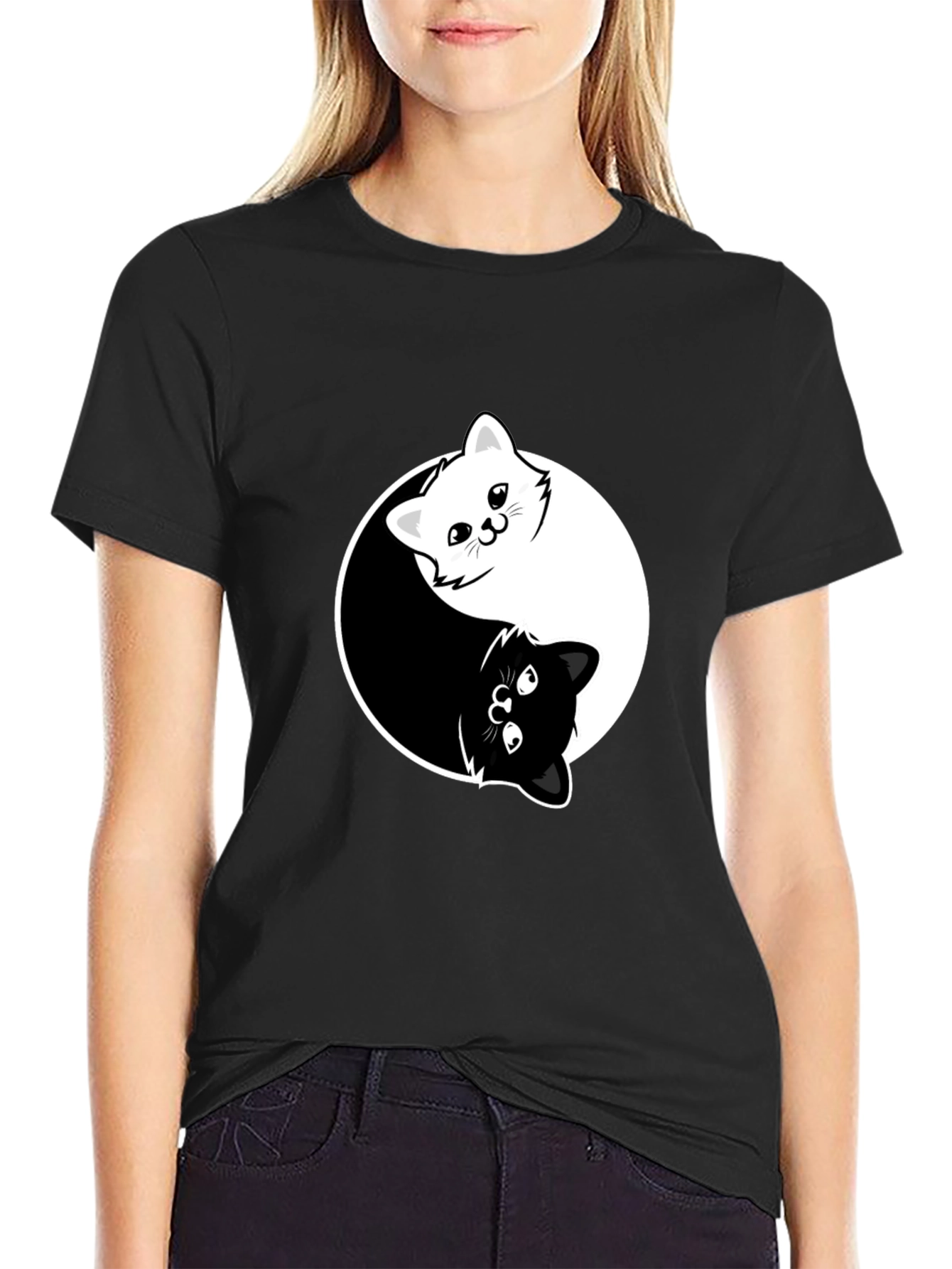 Black Yin Yang Cats Graphic Tee - Black Cotton Blend T-Shirt view 2