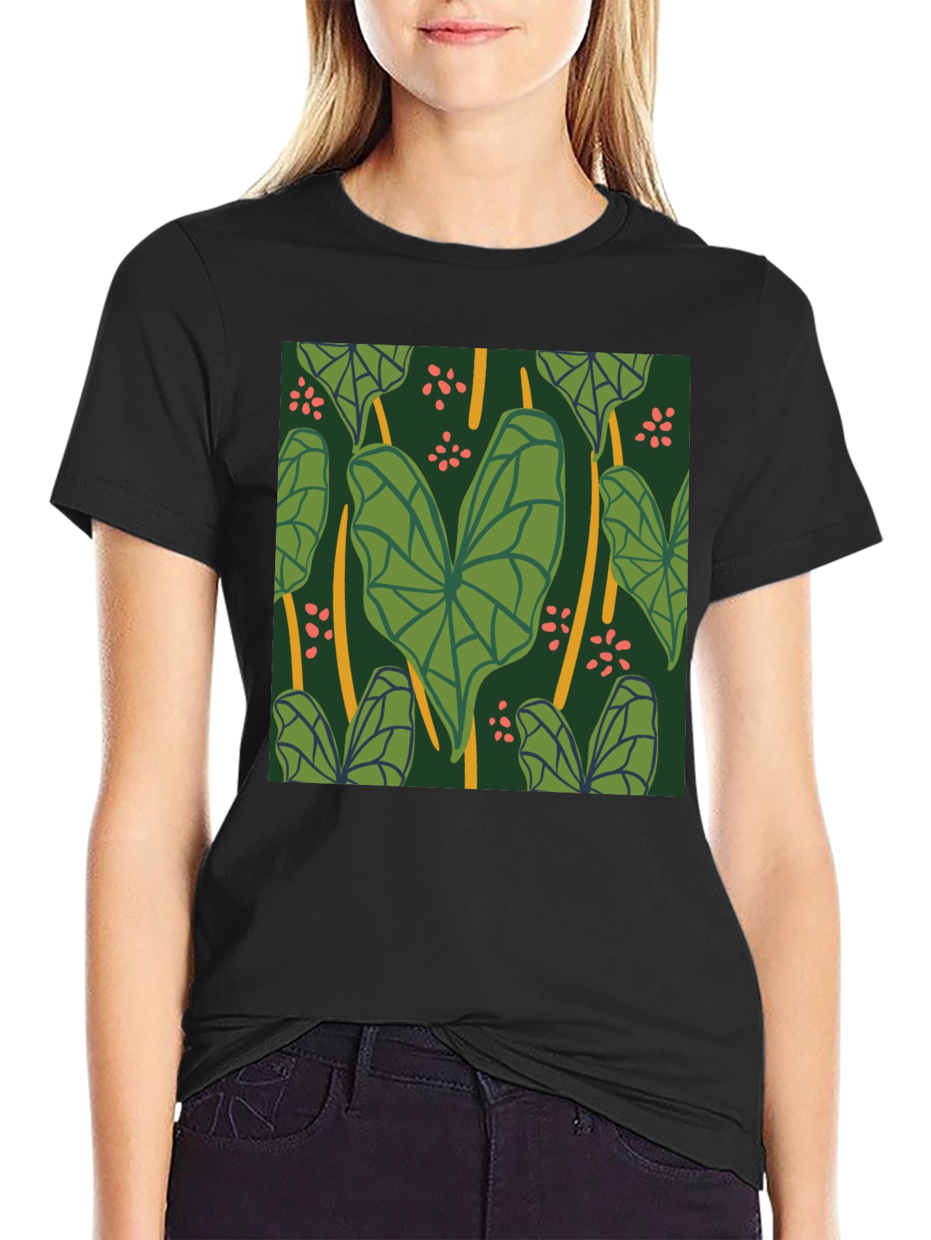 Black Tropical Leaf Pattern Black T-Shirt view 2