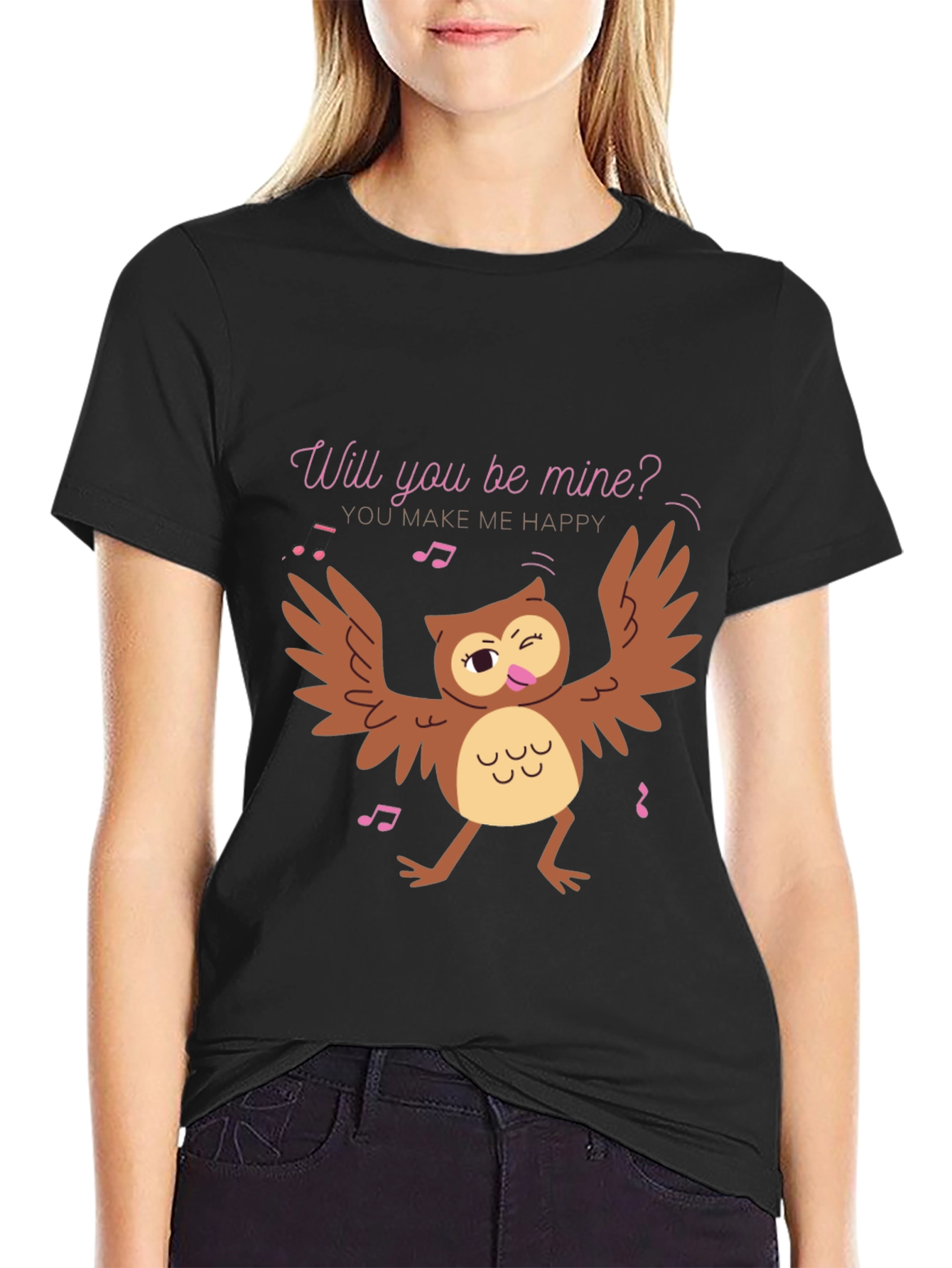 Black Whimsical Owl Valentine's Day T-Shirt view 2