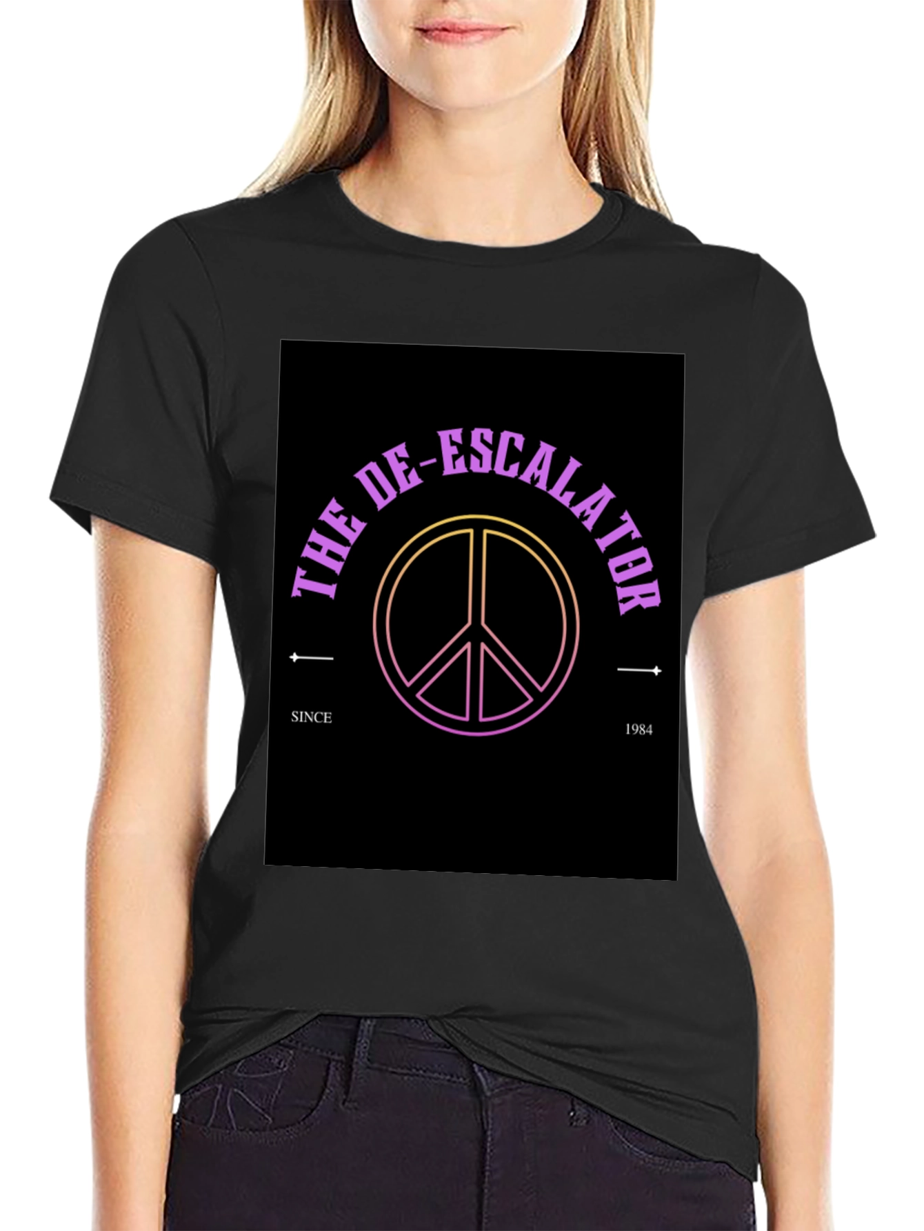 Black The De-Escalator Peace Sign Black T-Shirt view 2