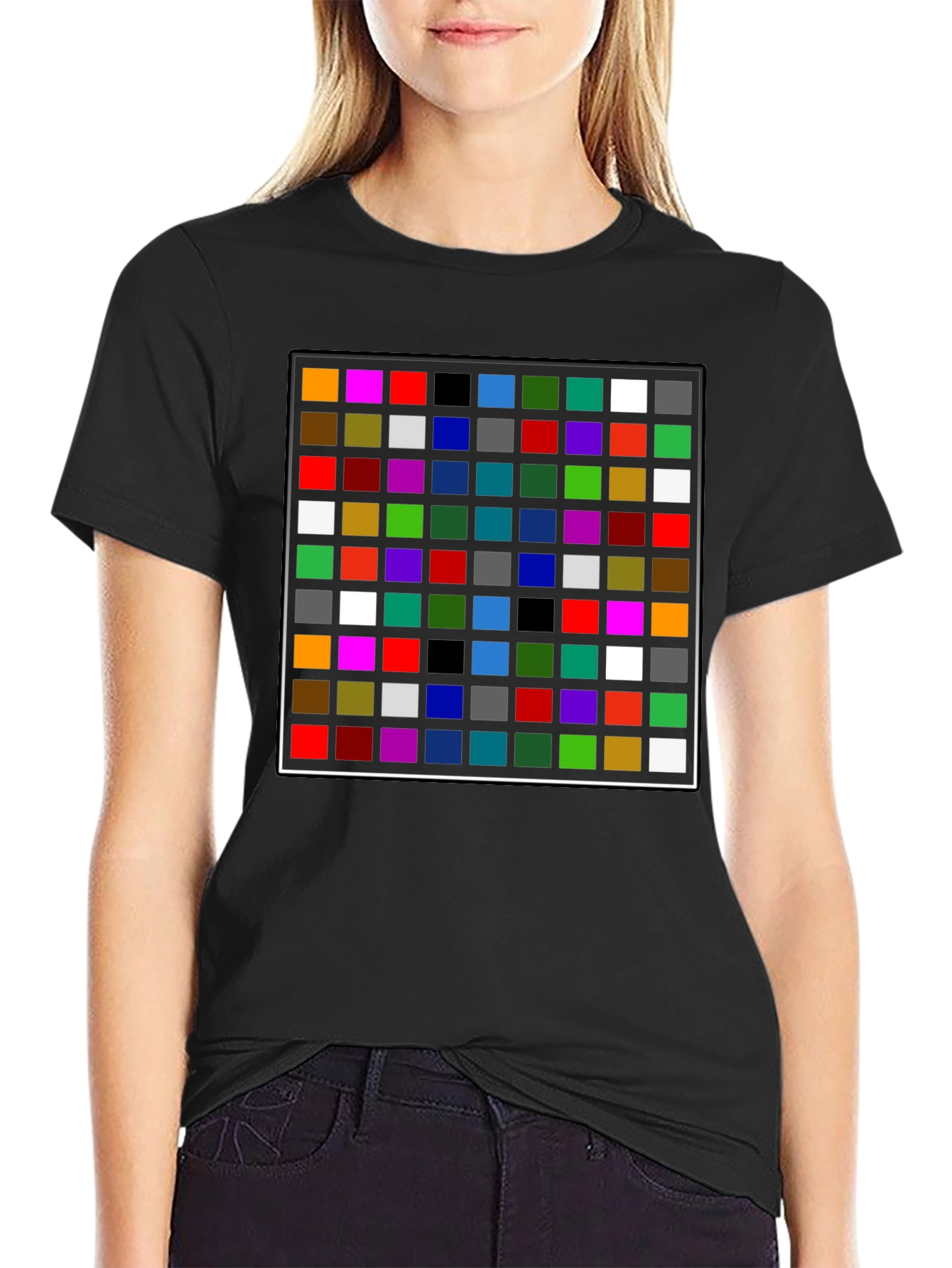 Black Colorful Grid Pattern Black T-Shirt view 2