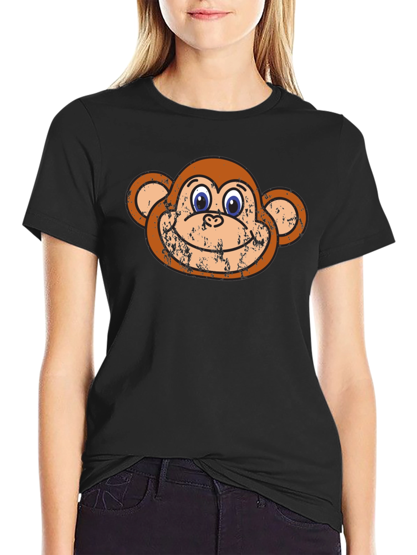 Black Funny Monkey Face Graphic Tee - Black Cotton T-Shirt view 2