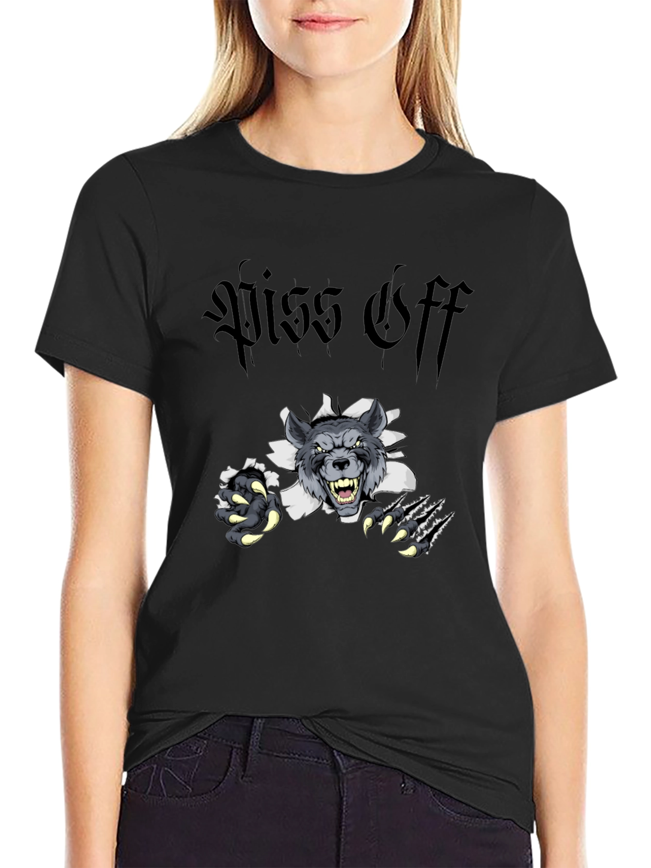 Black Piss Off Wolf Graphic Tee - Black Cotton T-Shirt view 2