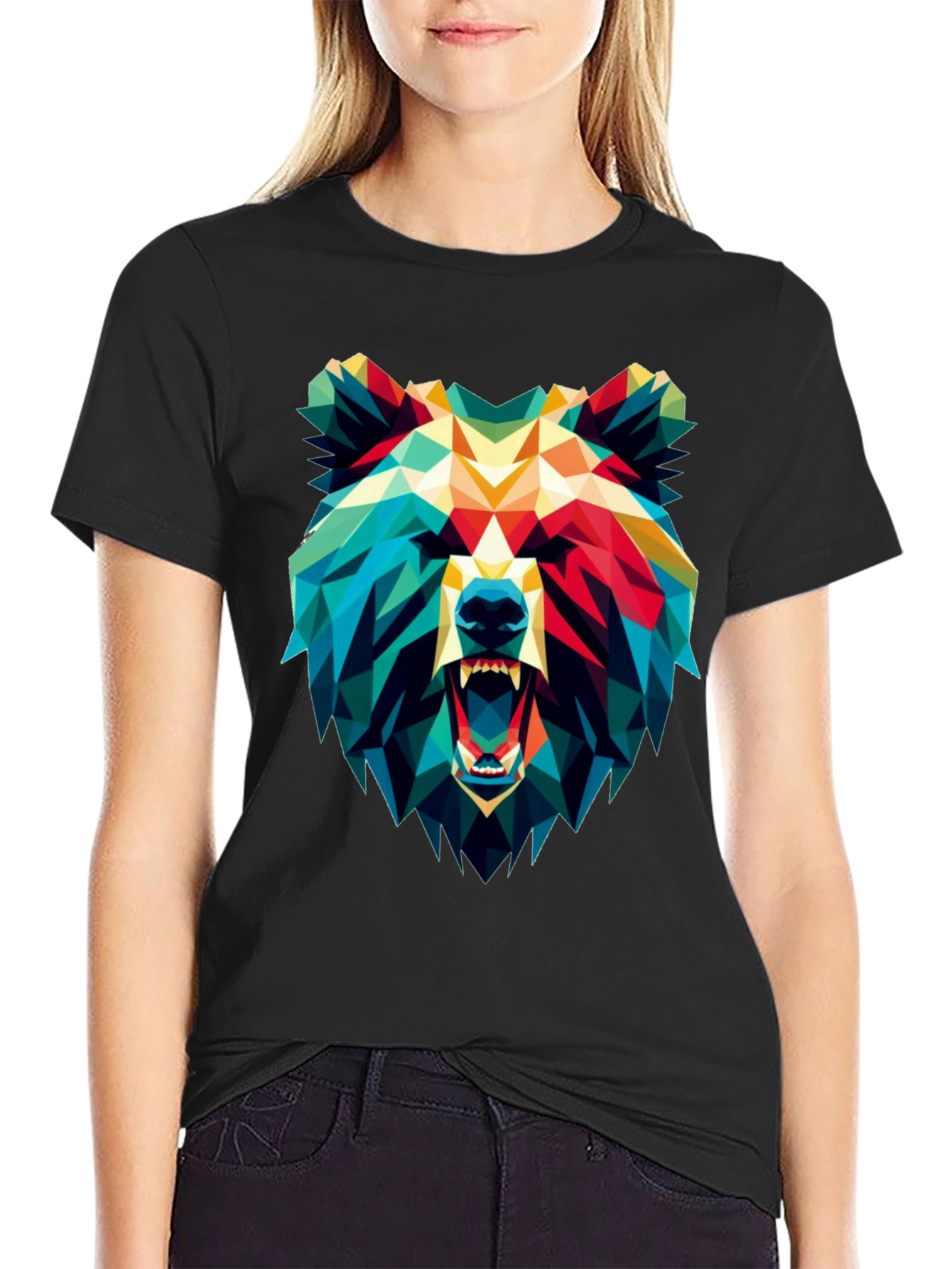 Black Geometric Bear Graphic Black T-Shirt view 2