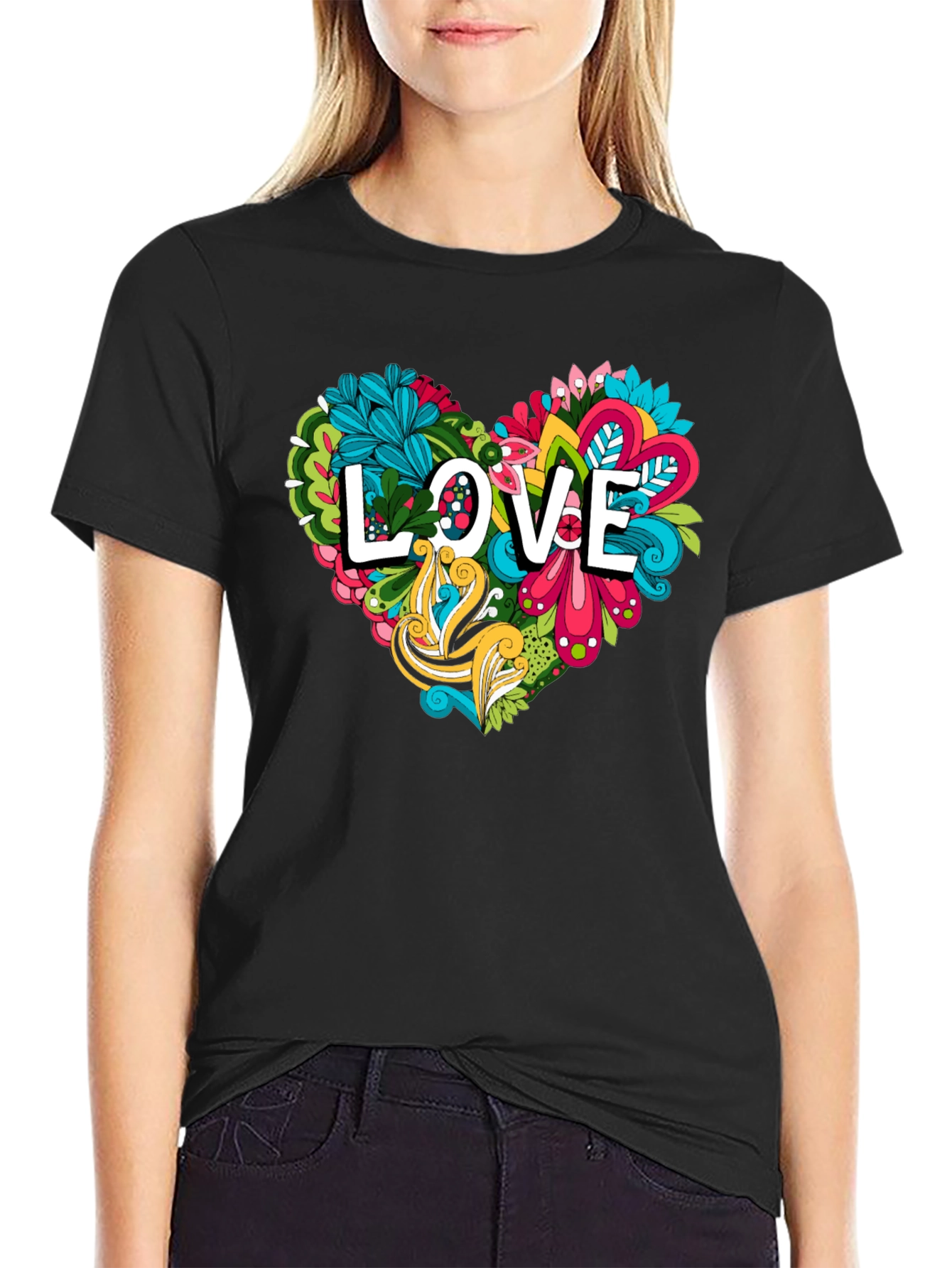 Black Love Heart Graphic Tee - Black Cotton Shirt view 2
