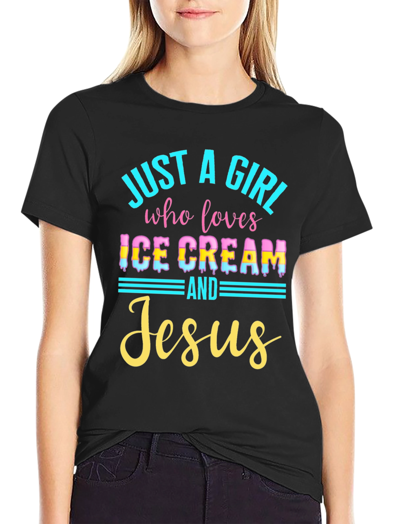 Black Just a Girl Who Loves Ice Cream and Jesus Black T-Shirt view 2