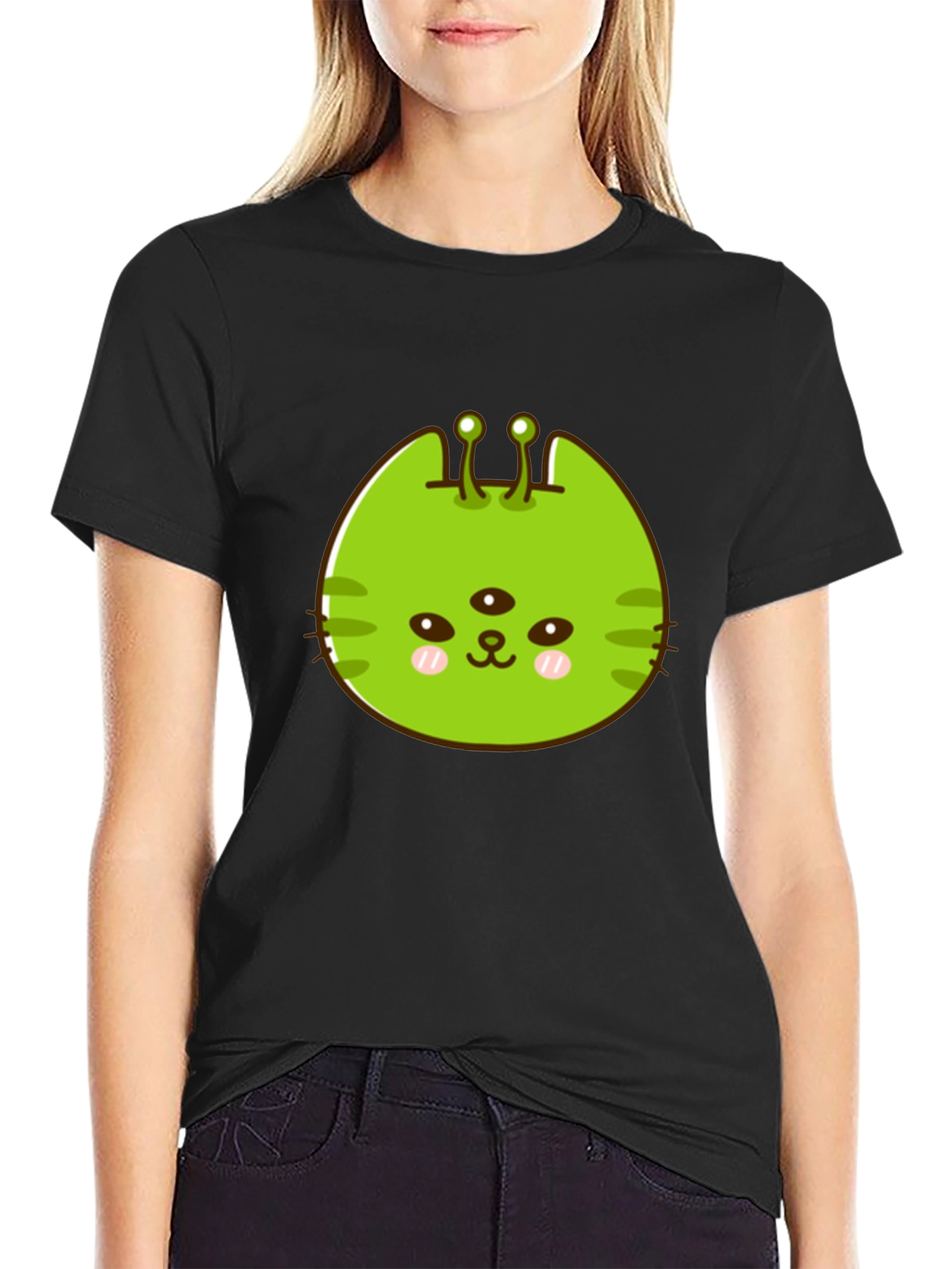Black Alien Cat Graphic Tee - Black Unisex T-Shirt view 2
