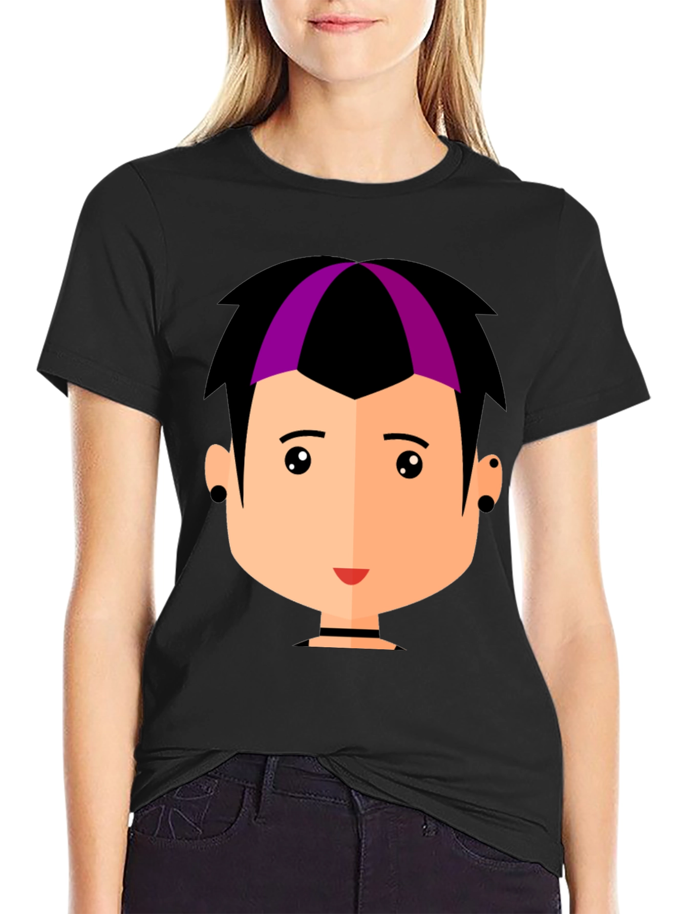 Black Goth Style Cartoon Face Black T-Shirt view 2