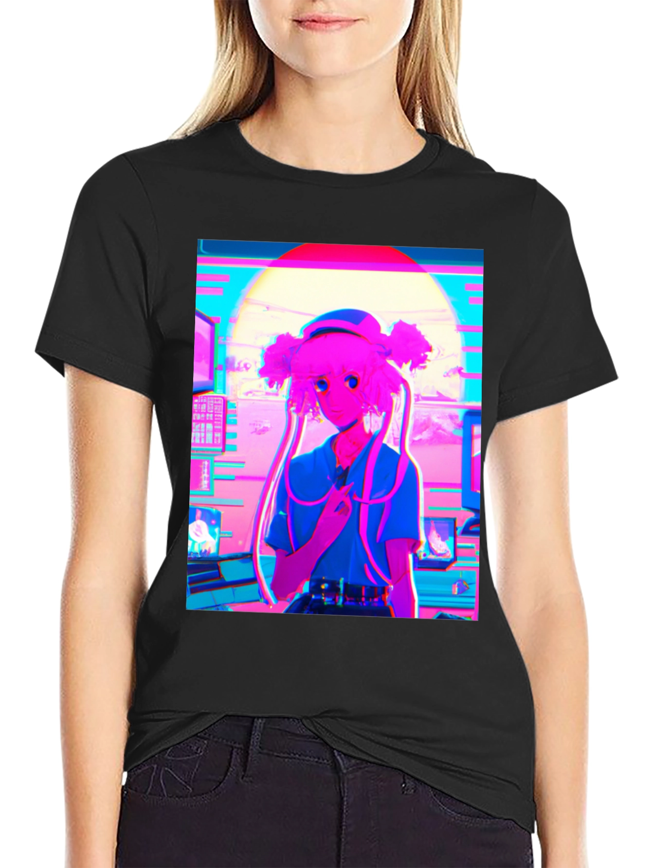 Black Vaporwave Anime Girl Graphic T-Shirt view 2