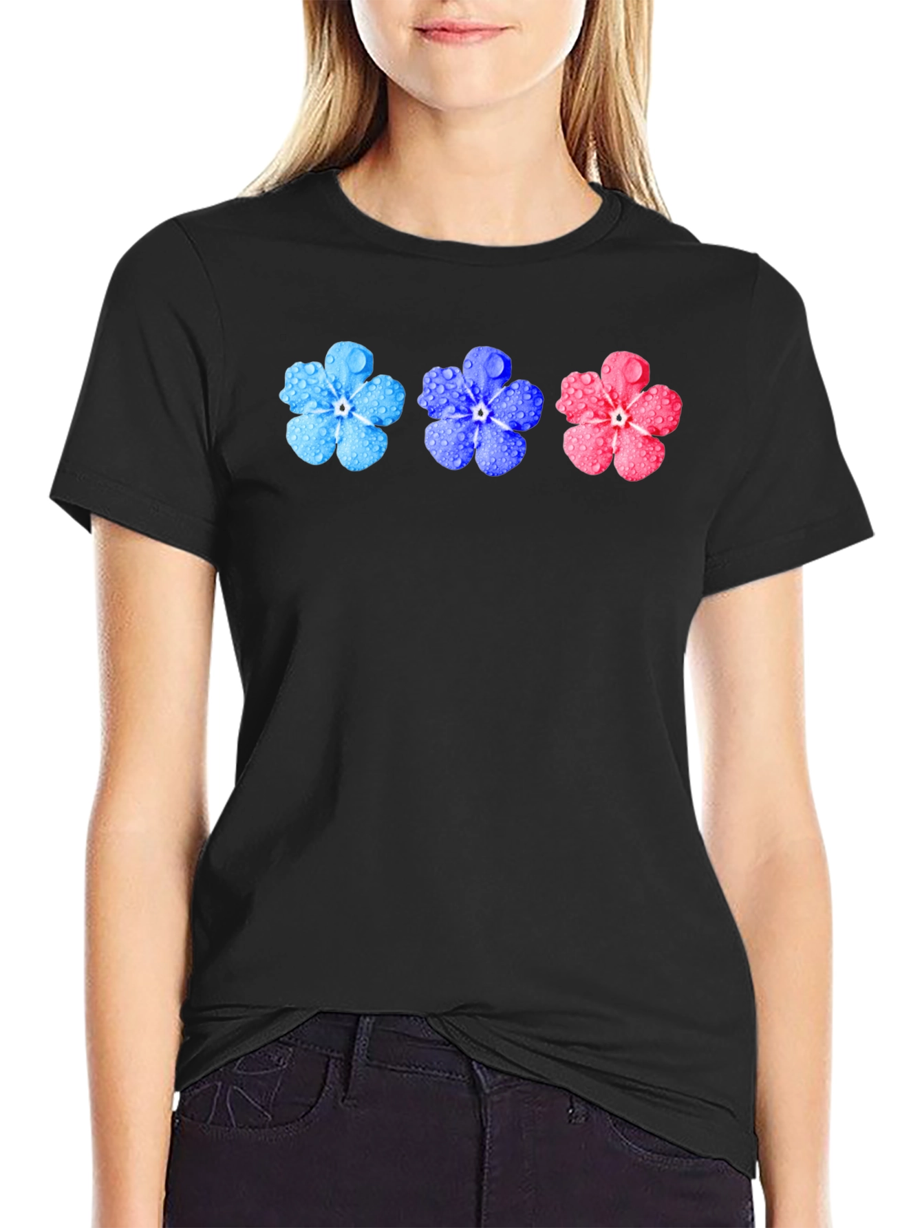 Black Floral T-Shirt - Forget-Me-Not Design view 2