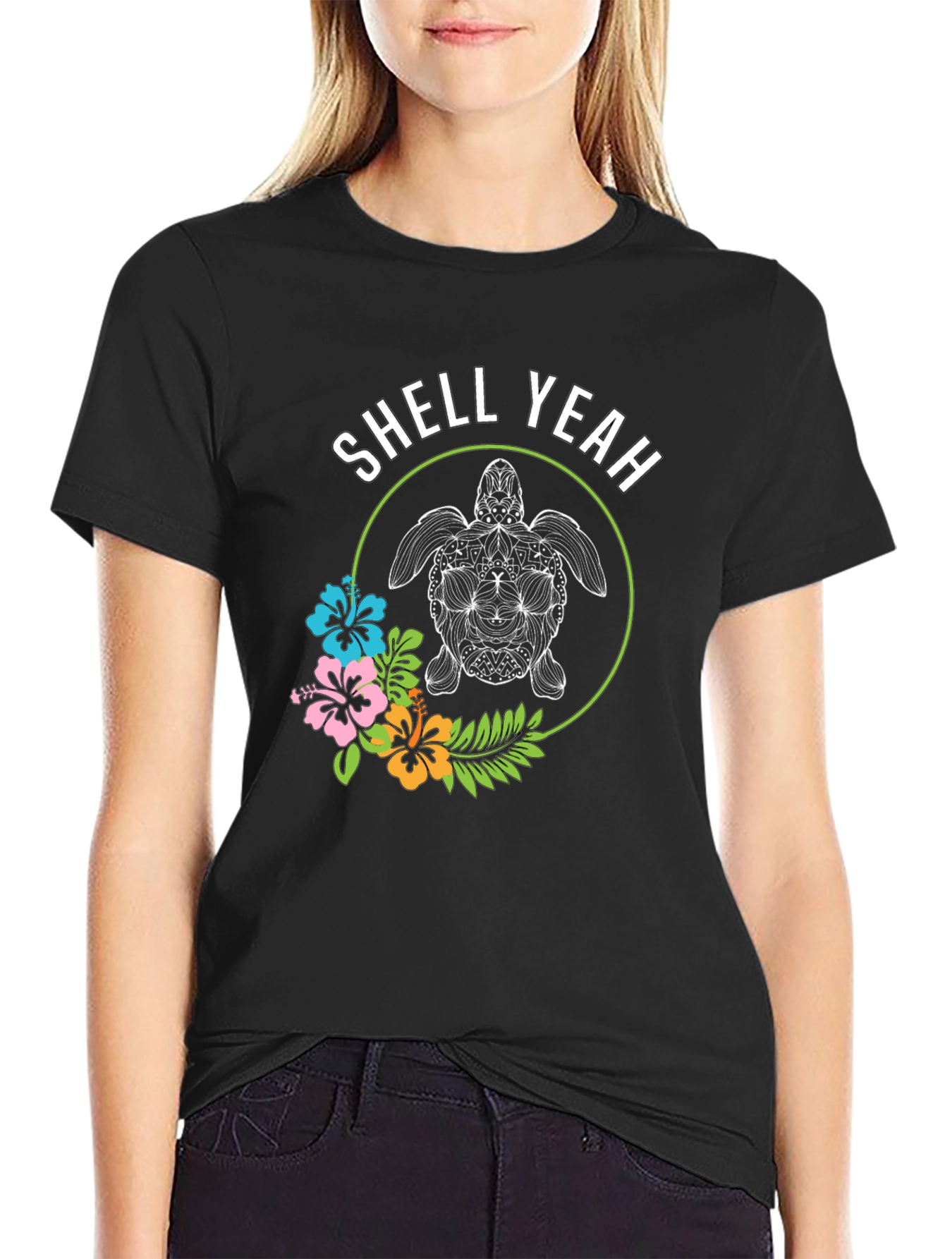 Black Shell Yeah! Turtle Graphic Print Crew Neck T-Shirt view 2