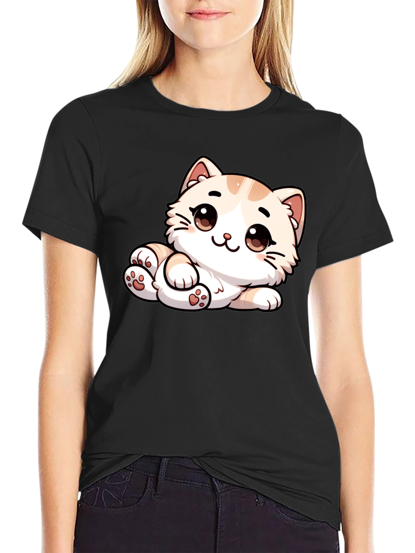 Black Cute Cartoon Cat Graphic Tee - Unisex Black T-Shirt view 2