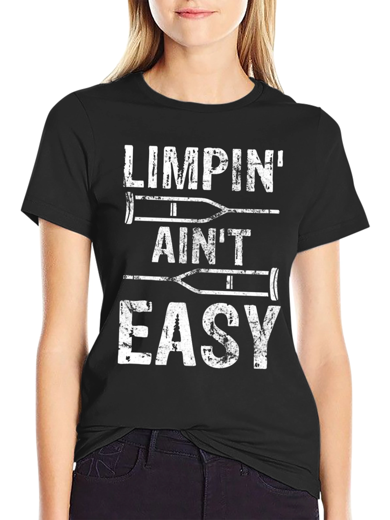 Black Limpin' Ain't Easy Funny Crutches Graphic Tee view 2