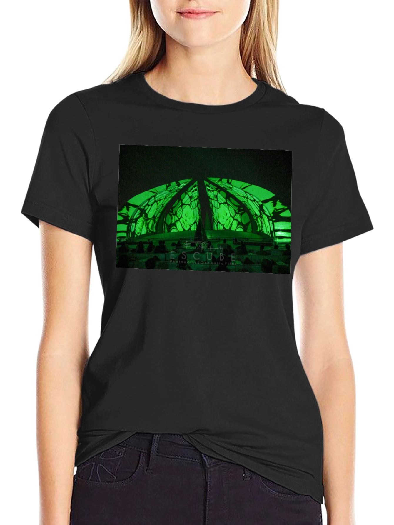 Black Futuristic Green Dome T-Shirt - Stylish & Unique Design view 2
