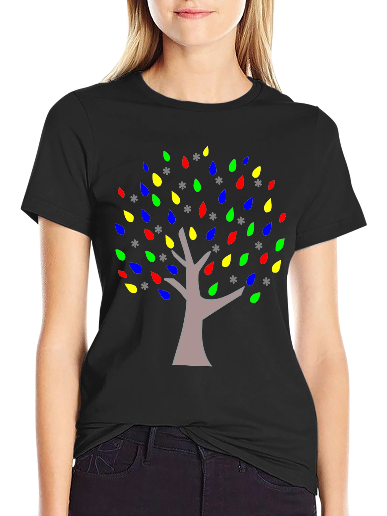 Black Colorful Tree Graphic Black T-Shirt view 2