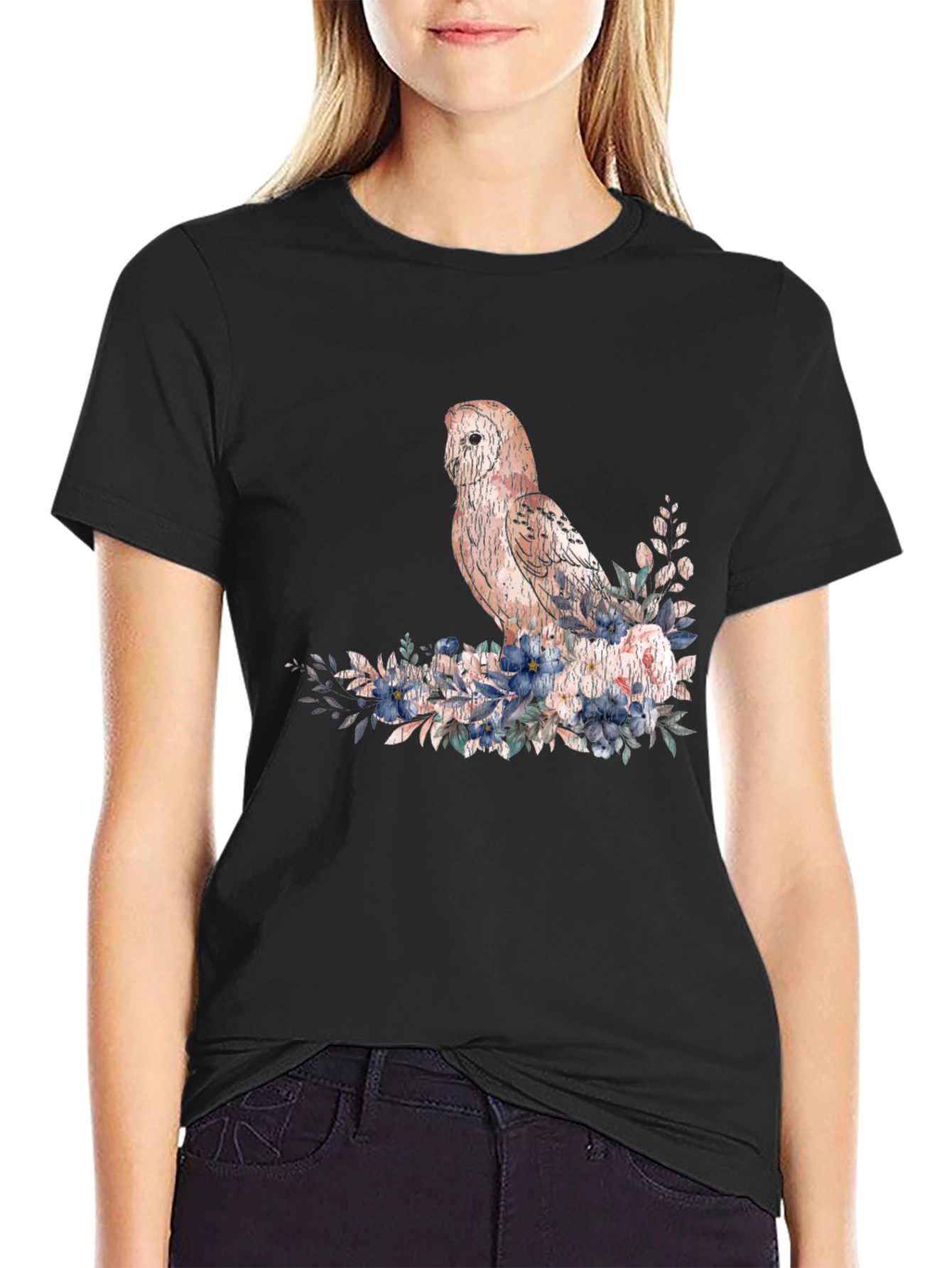 Black Owl and Floral T-Shirt - Black view 2