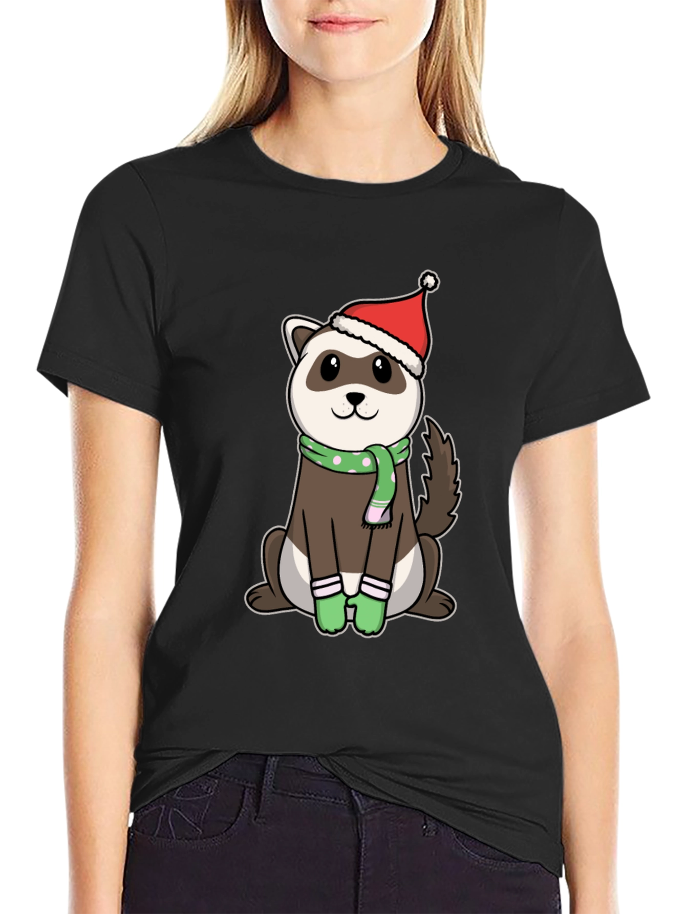 Black Festive Ferret Christmas T-Shirt view 2