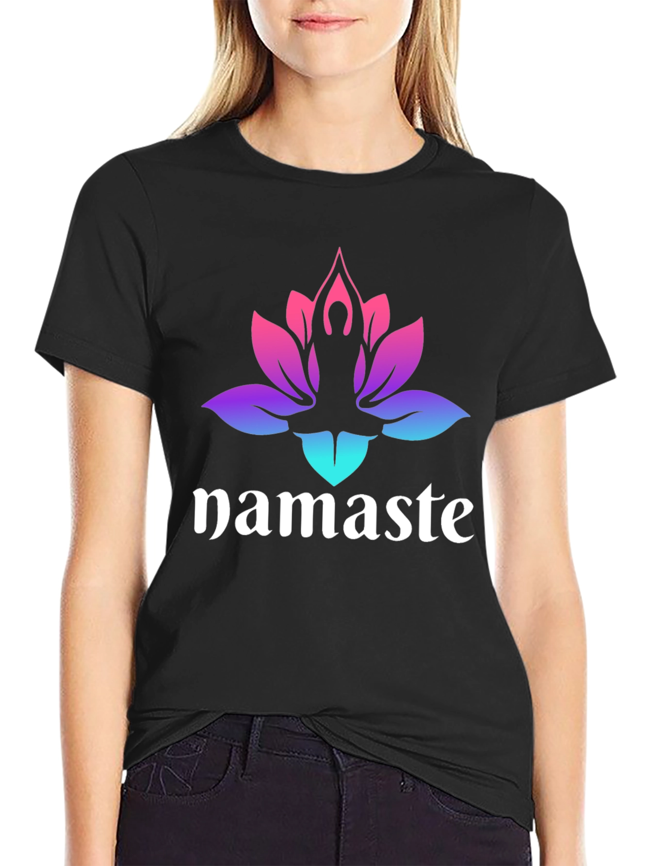 Black Namaste Lotus Yoga T-Shirt - Gradient Design view 2