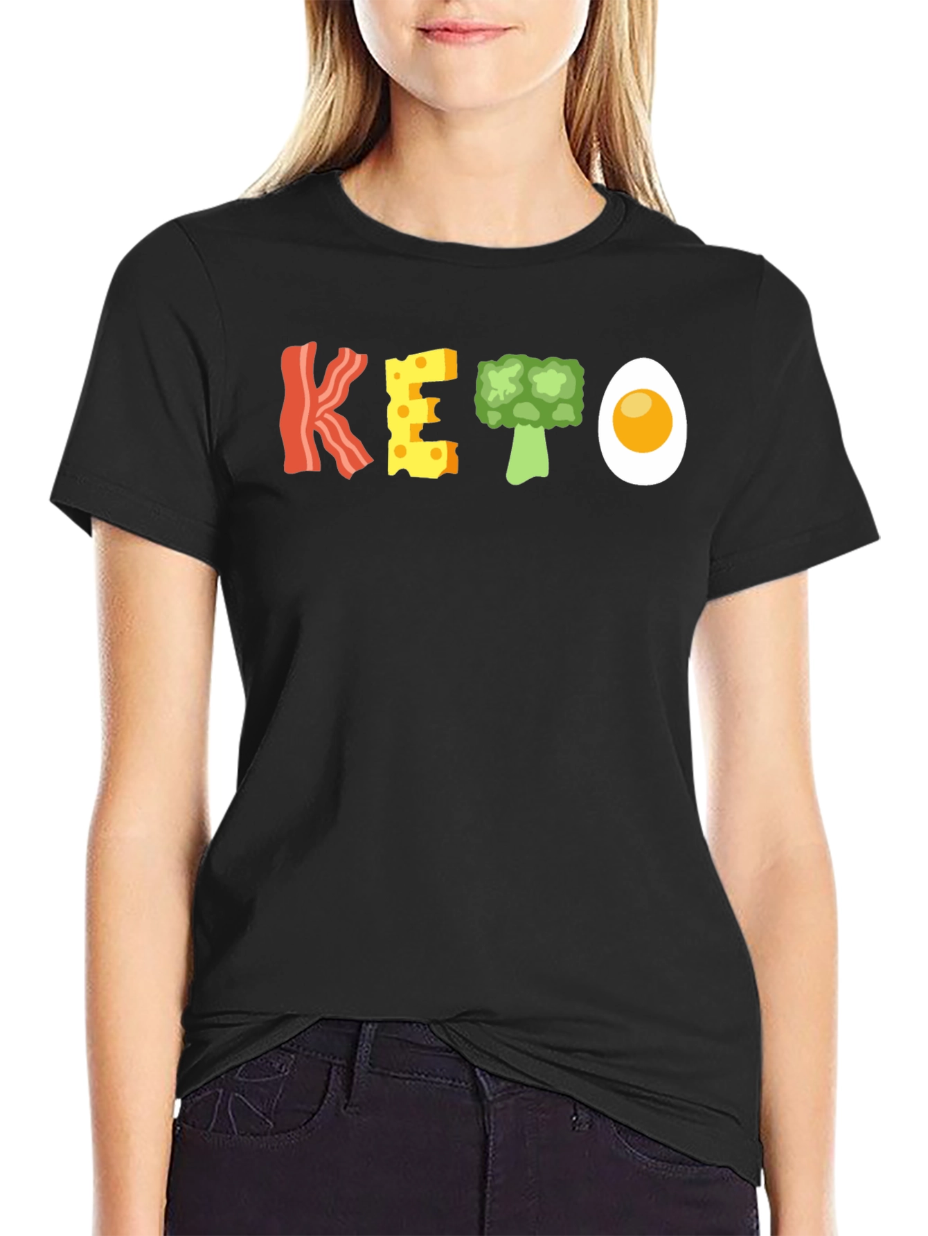 Black Keto Food T-Shirt - Bacon, Cheese, Broccoli, and Egg view 2
