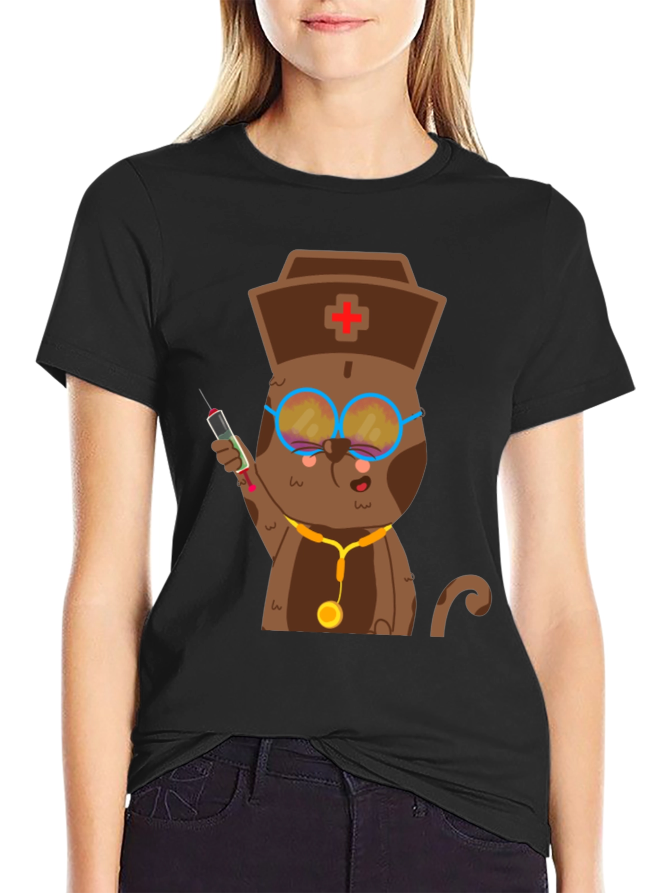 Black Cat Nurse T-Shirt - Funny Animal Tee view 2