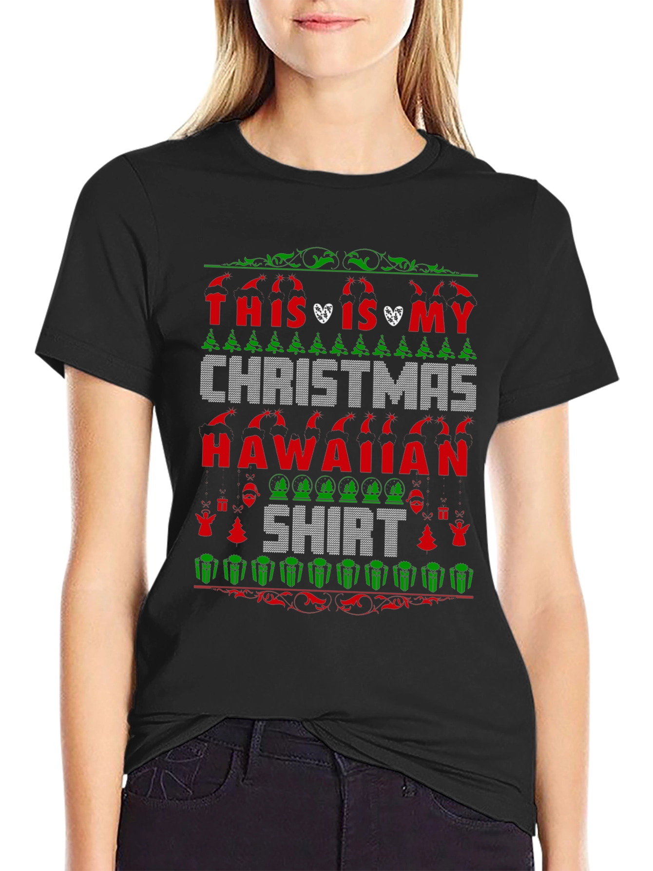 Black Funny Christmas Hawaiian Shirt - Festive Holiday Tee view 2