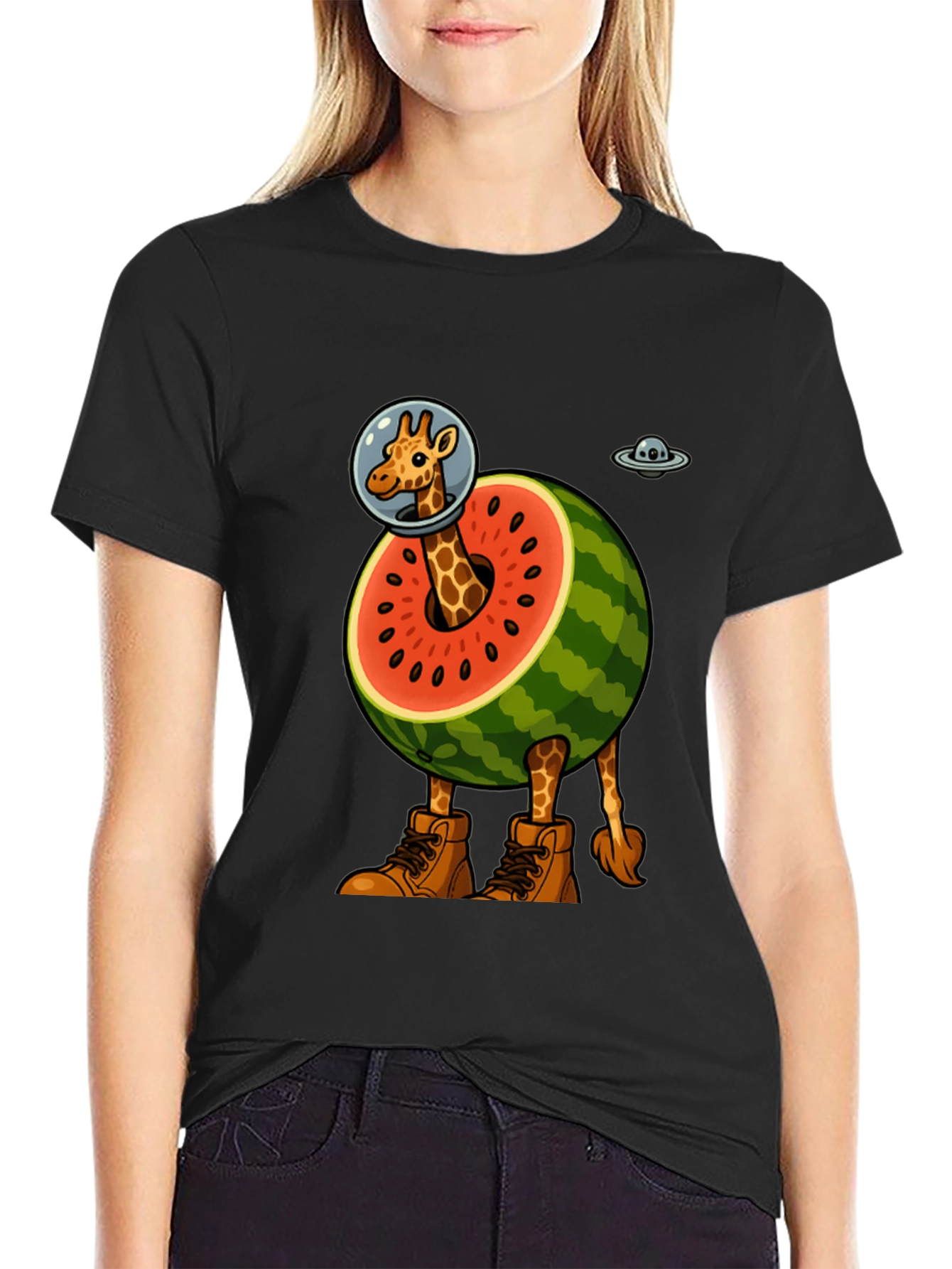 Black Giraffe Astronaut Watermelon T-Shirt view 2