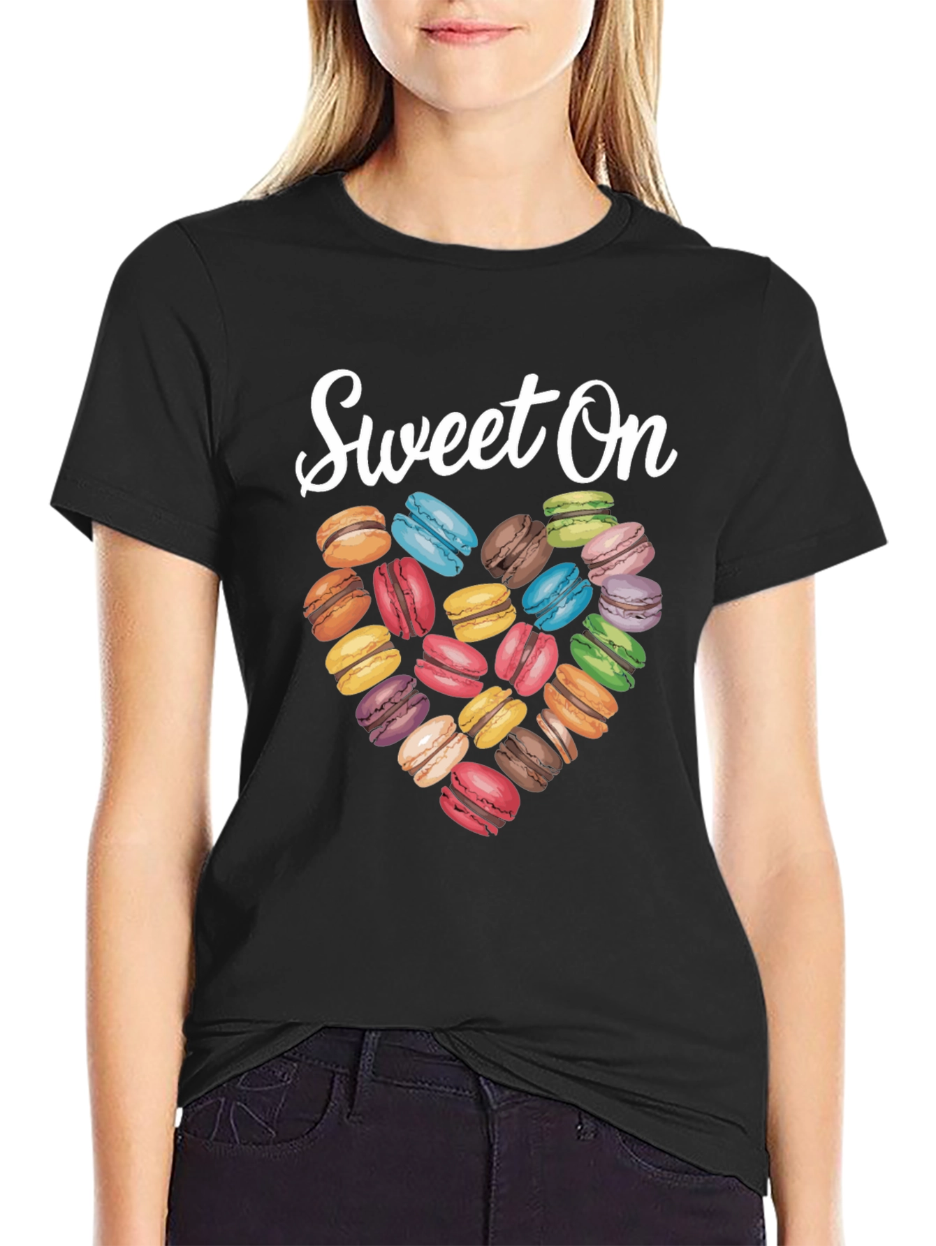 Black Sweet On Macarons T-Shirt, Heart Design view 2