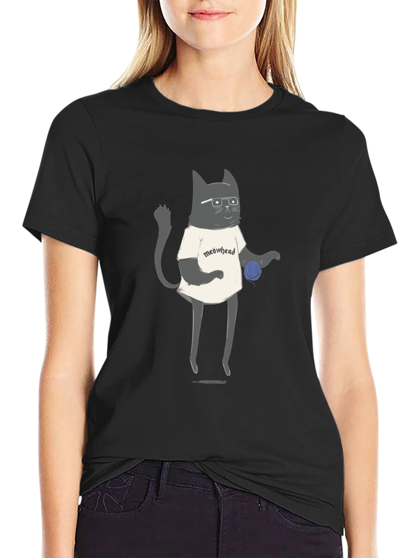 Black Meowhead Cat Graphic Tee - Black view 2