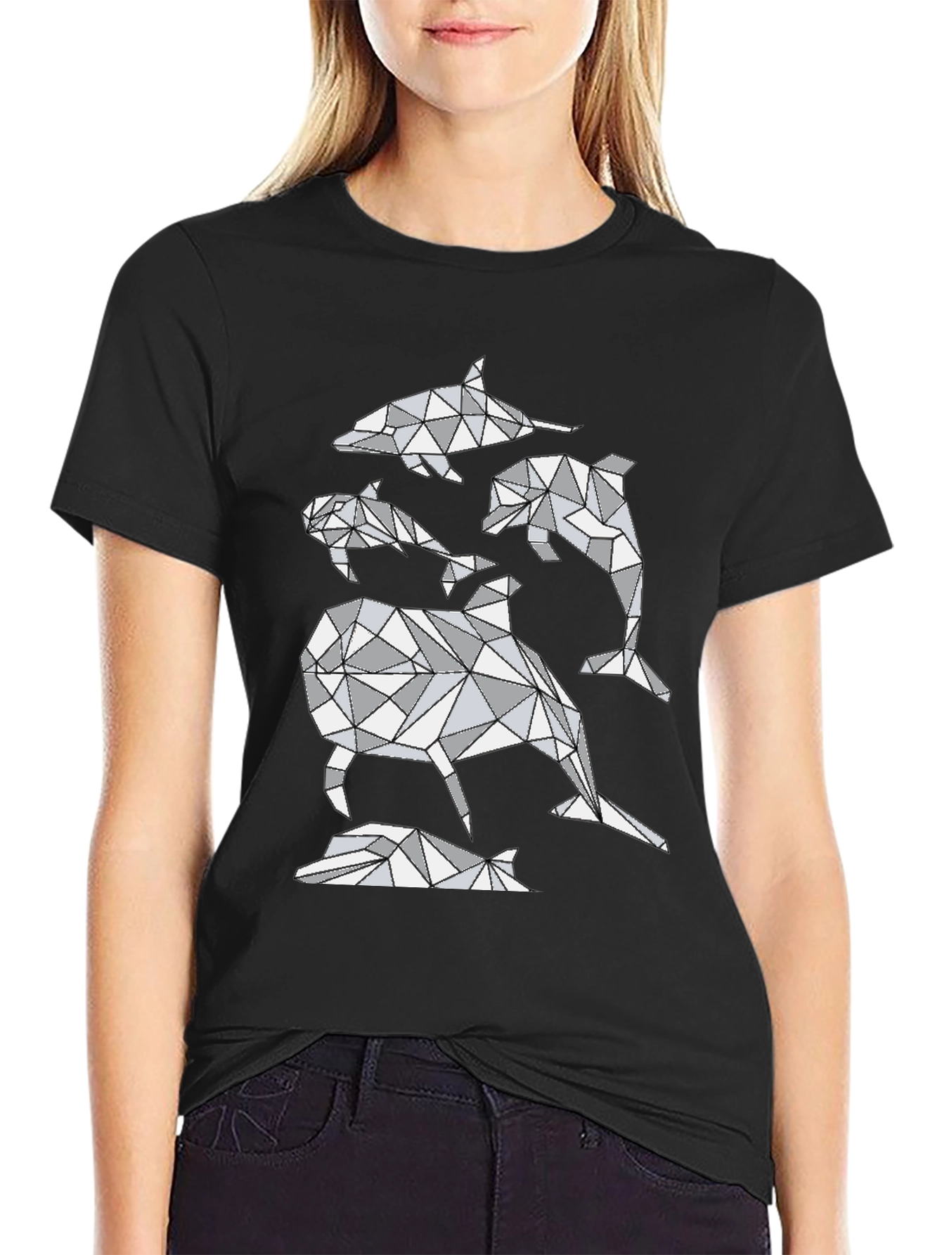 Black Geometric Dolphin T-Shirt - Abstract Marine Life Design view 2