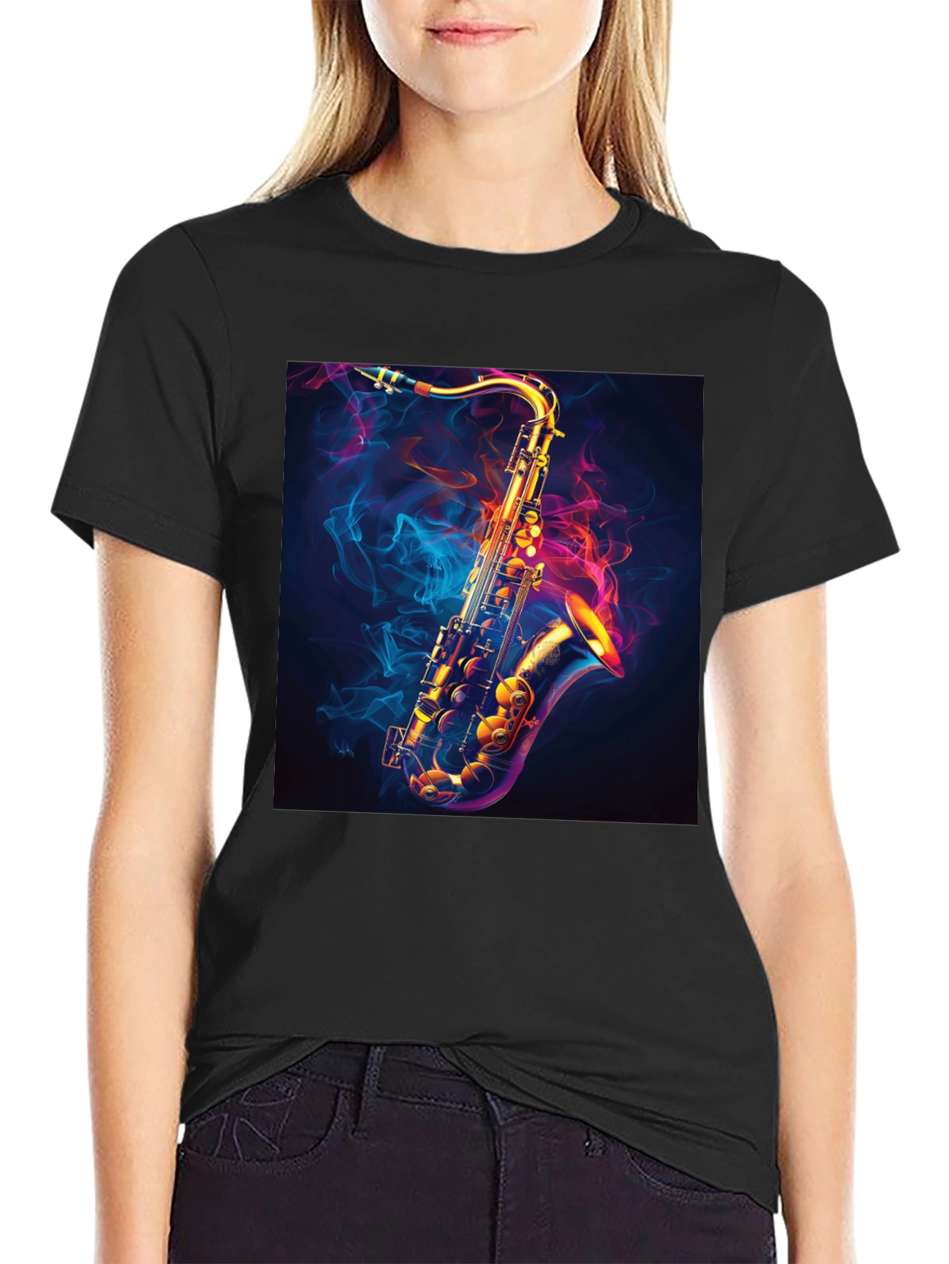 Black Saxophone Graphic Black T-Shirt - Cool Musical Tee view 2