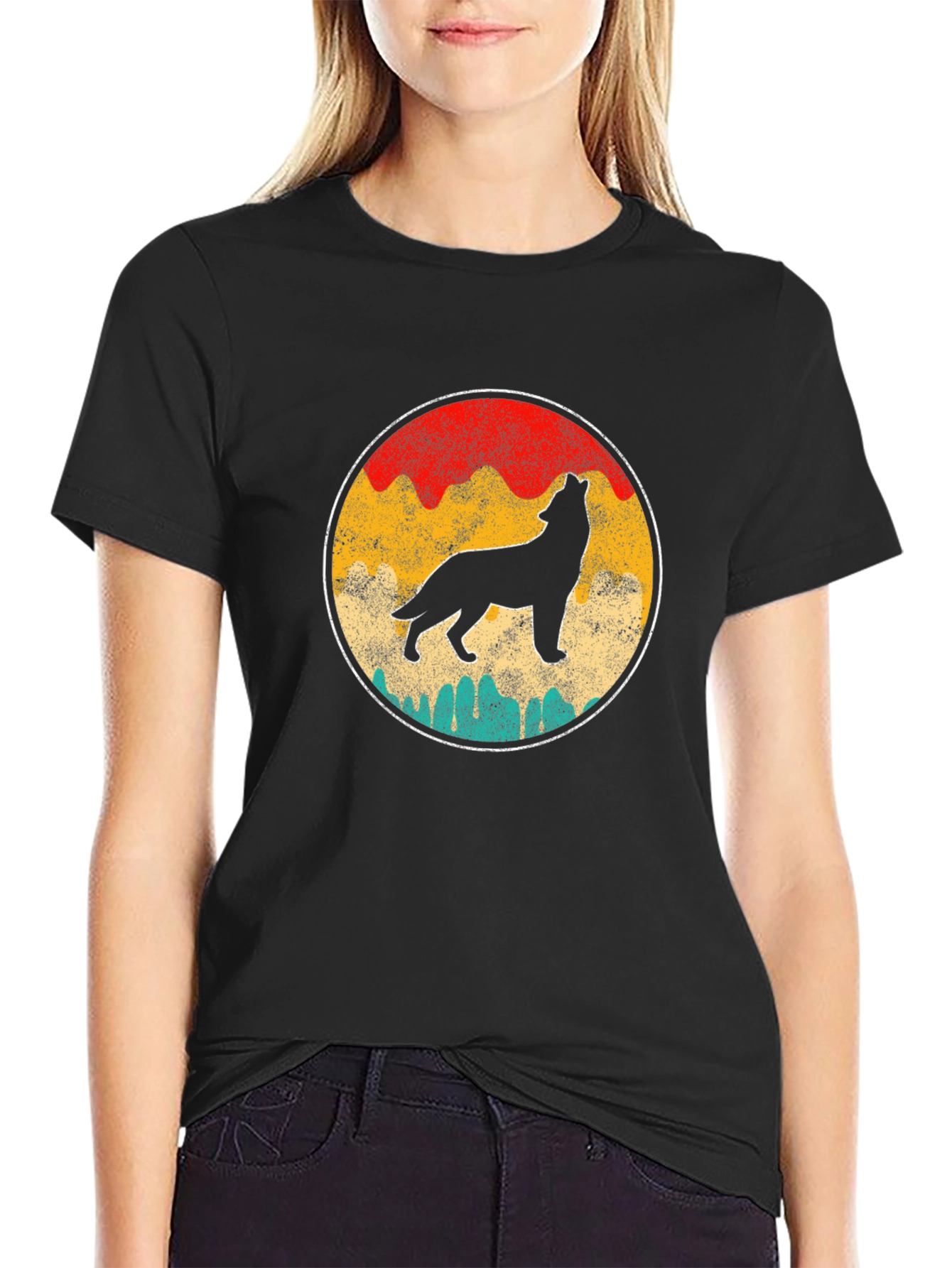 Black Retro Wolf Graphic Tee - Black view 2