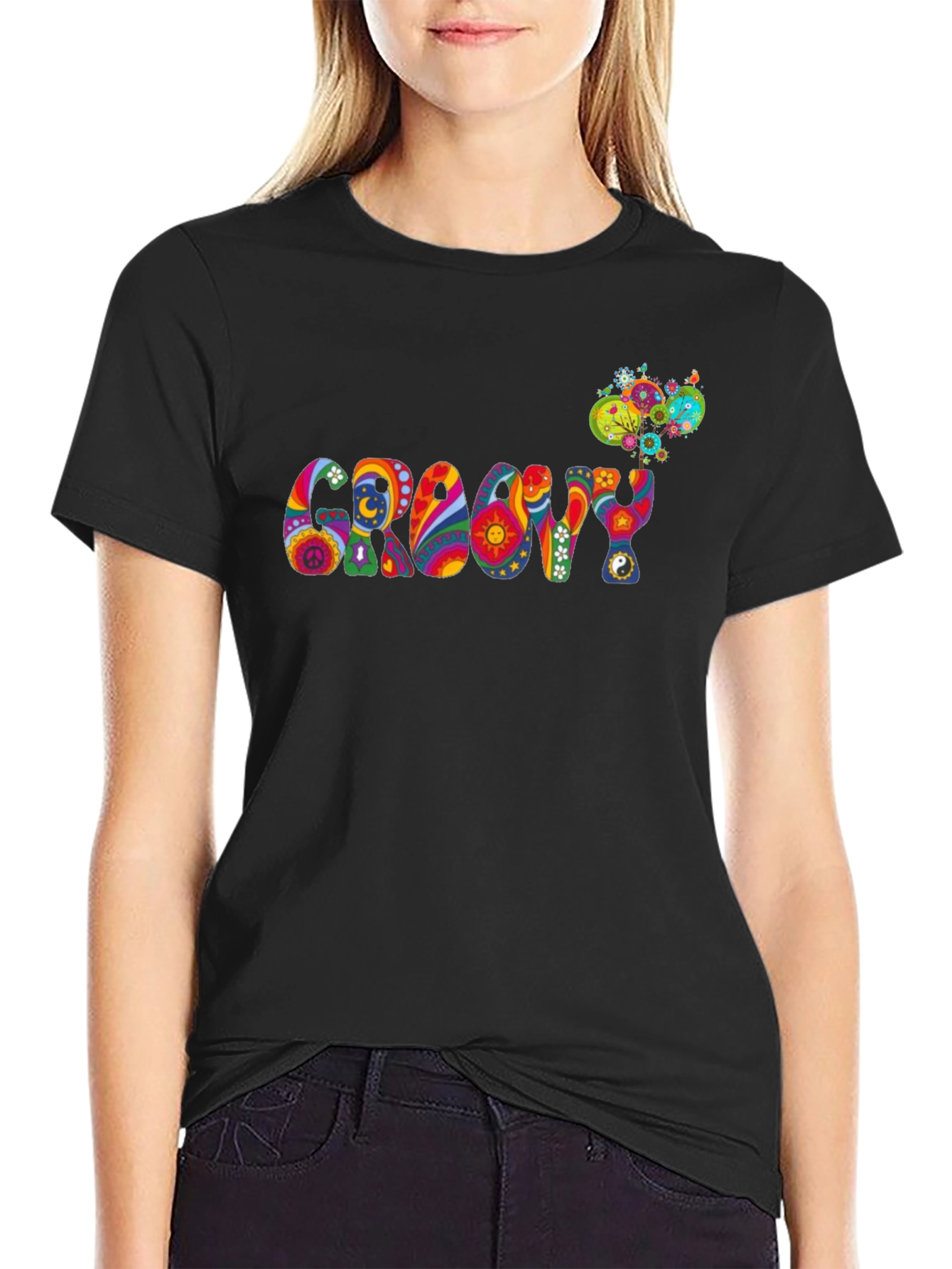 Black Groovy Psychedelic Patterned Black T-Shirt view 2