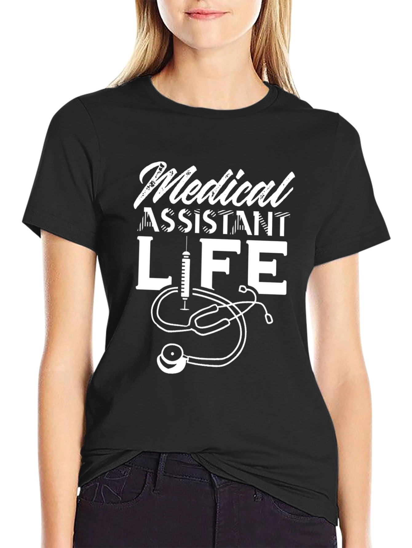 Black Medical Assistant Life T-Shirt - Stethoscope Design view 2