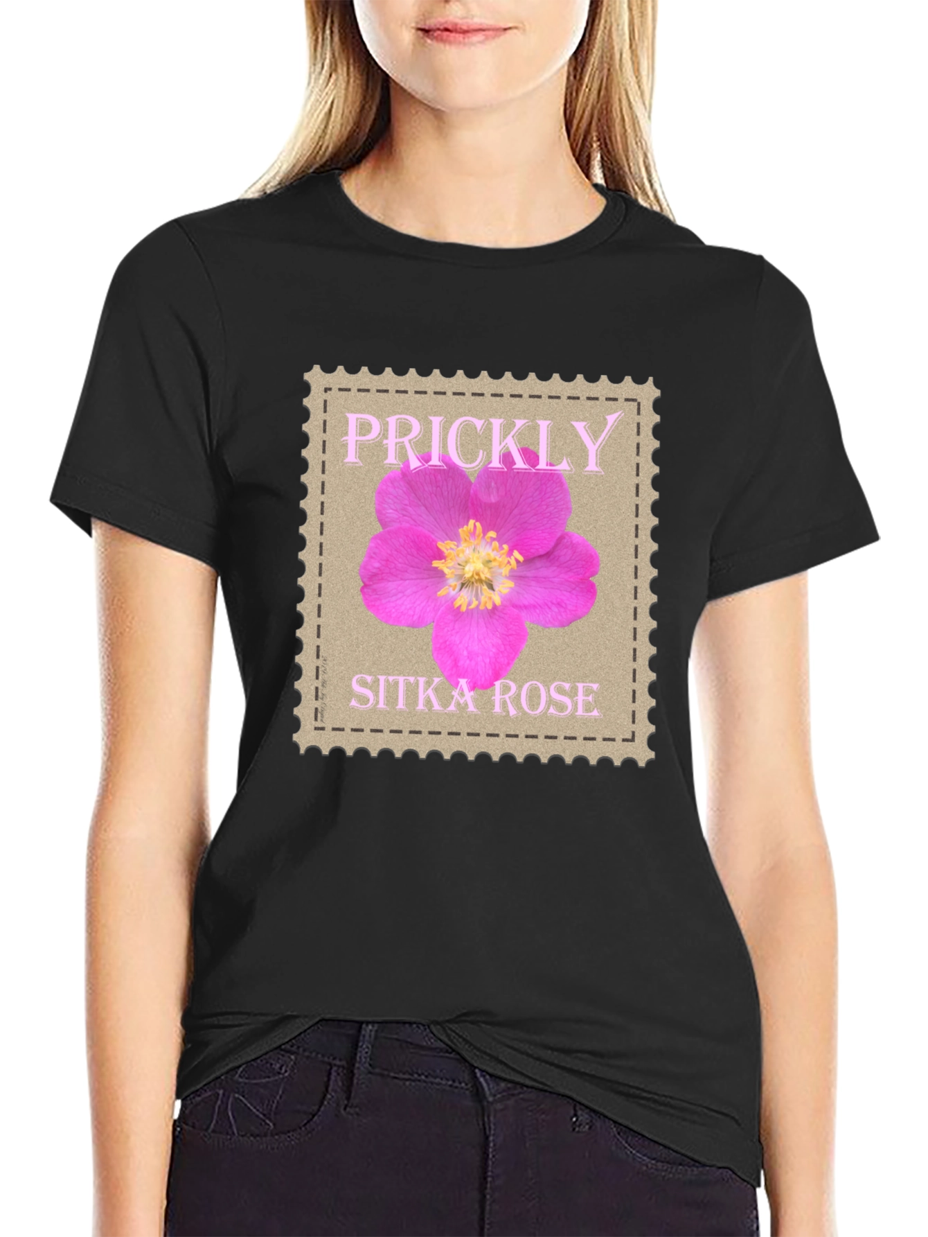 Black Prickly Sitka Rose Stamp Style T-Shirt view 2