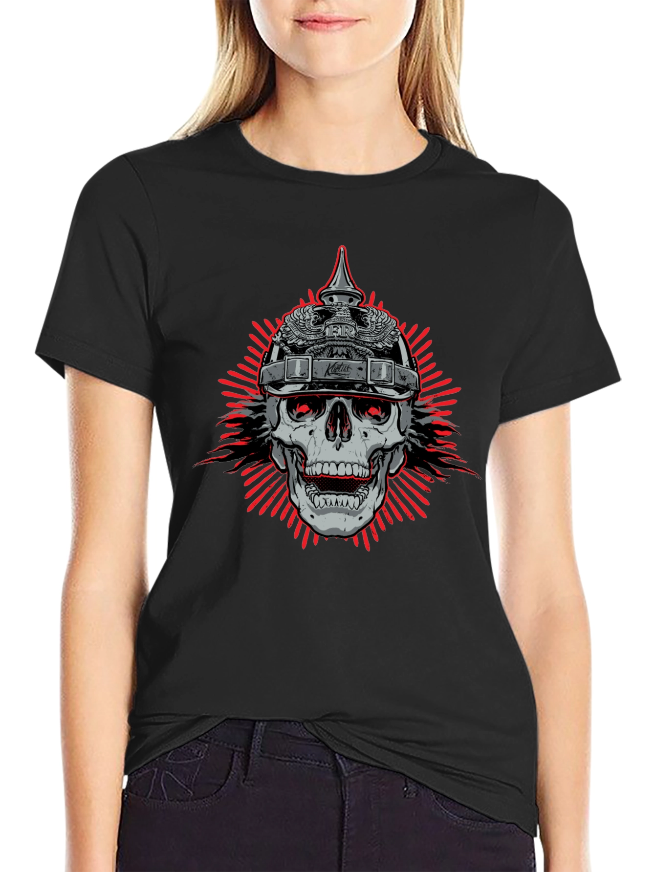 Skull with Helmet Graphic Black T-Shirt - 2
