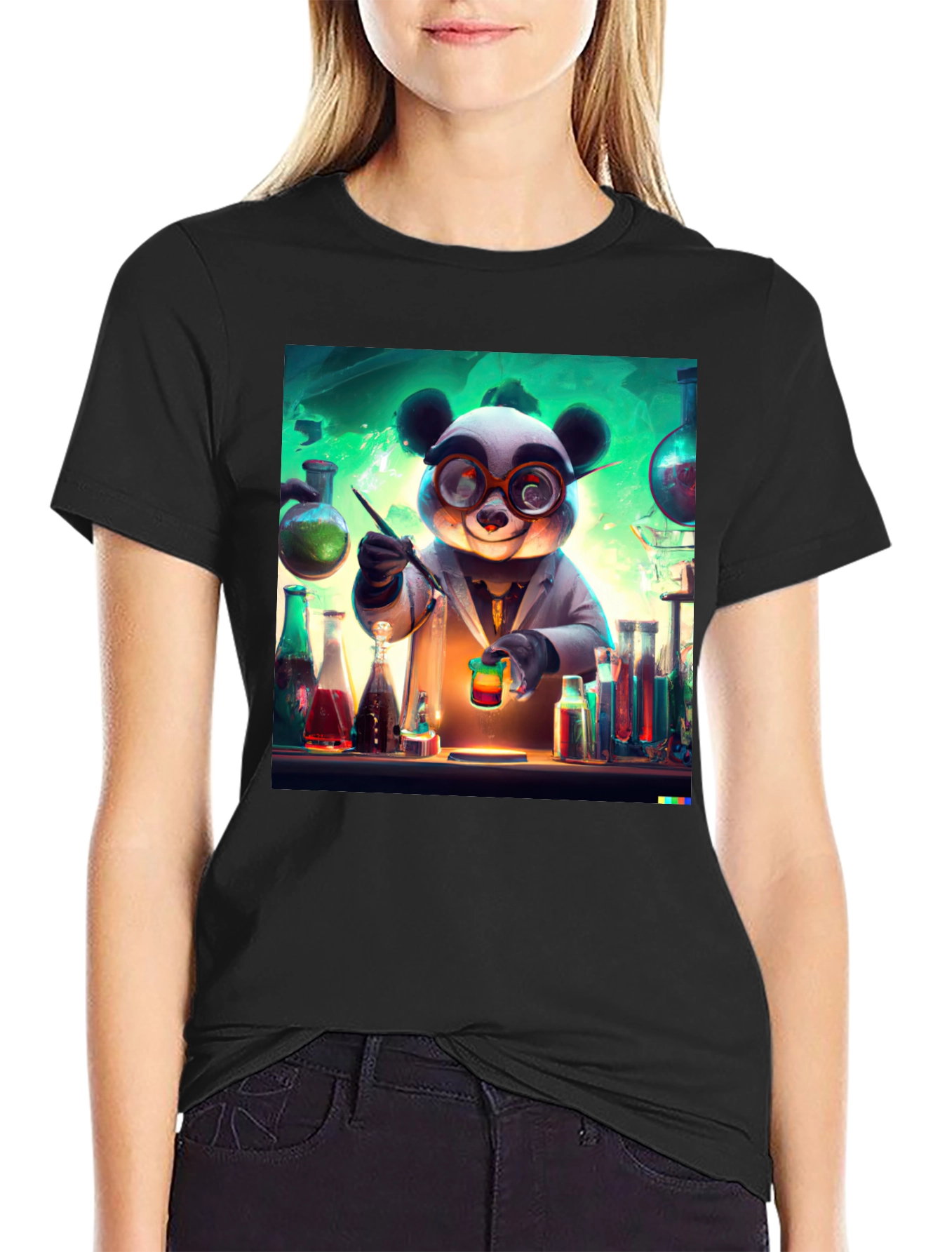 Black Scientist Panda Graphic Tee - Black Cotton T-Shirt view 2