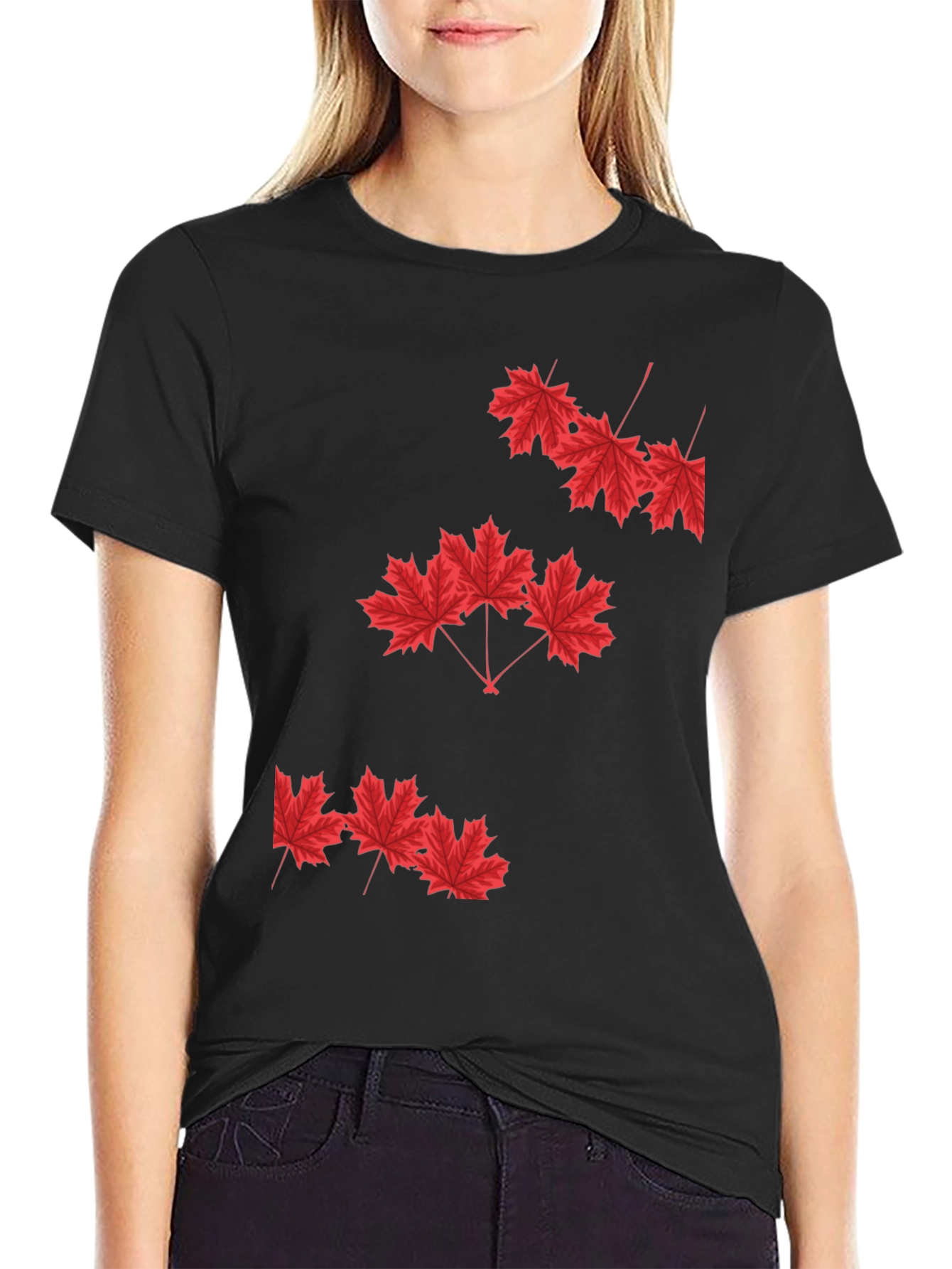 Black Maple Leaf Graphic Print Black T-Shirt view 2