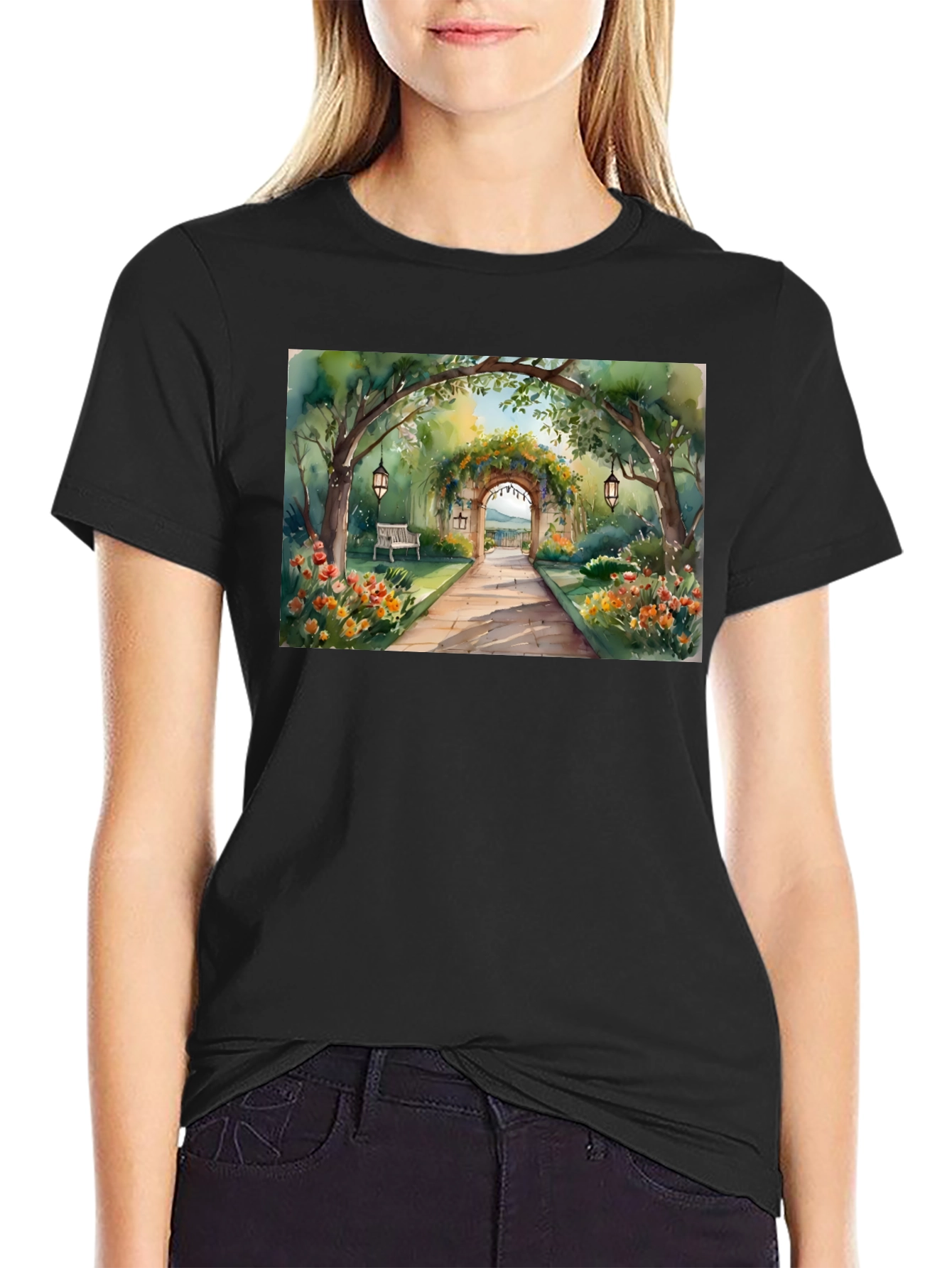 Black Watercolor Garden Path T-Shirt view 2