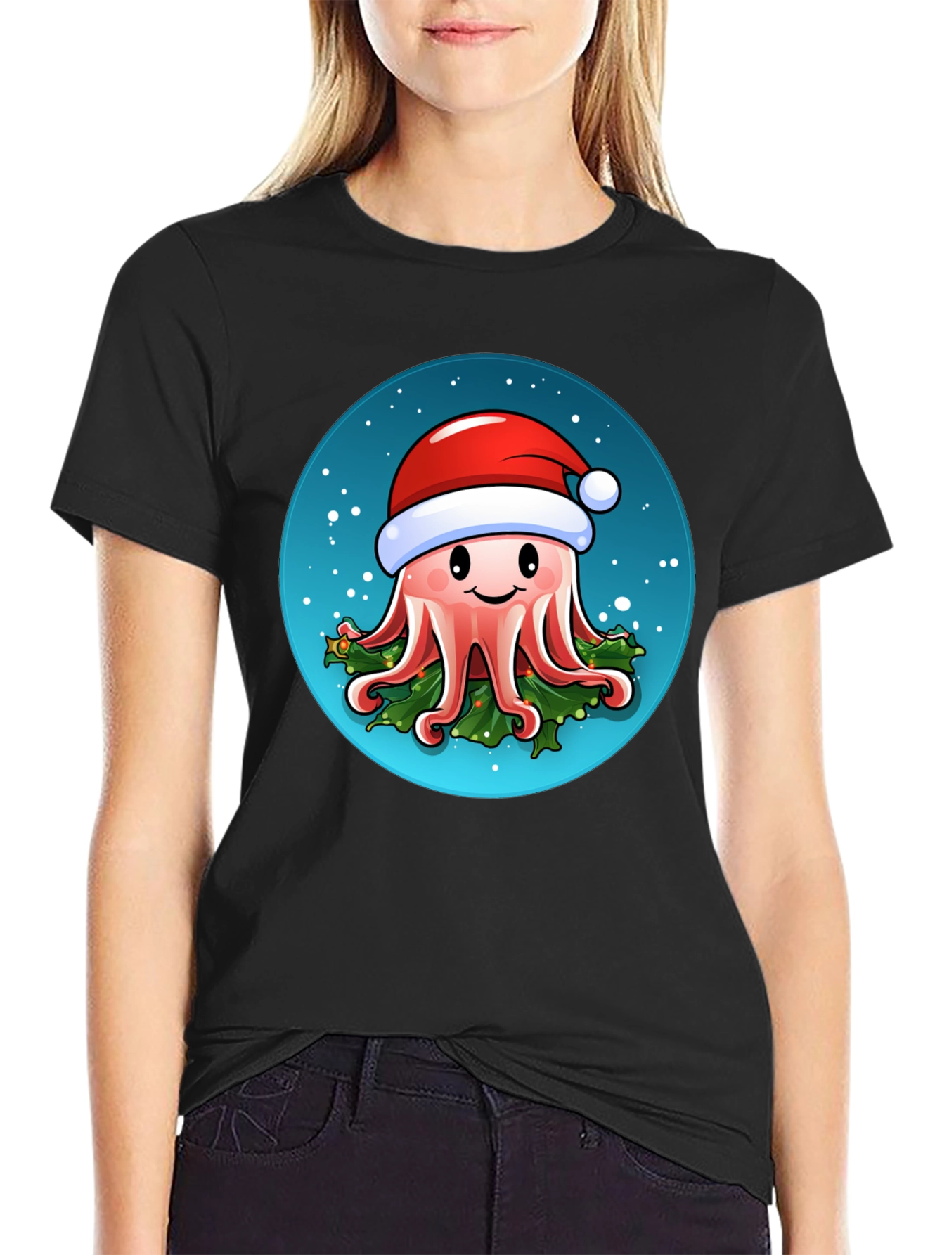 Black Festive Octopus T-Shirt - Holiday Sea Creature Tee view 2