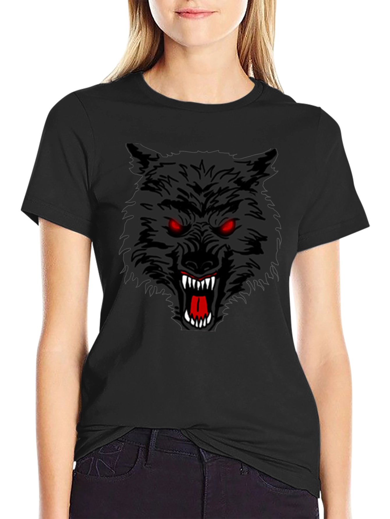 Black Men's Black T-Shirt with Aggressive Wolf Graphic view 2