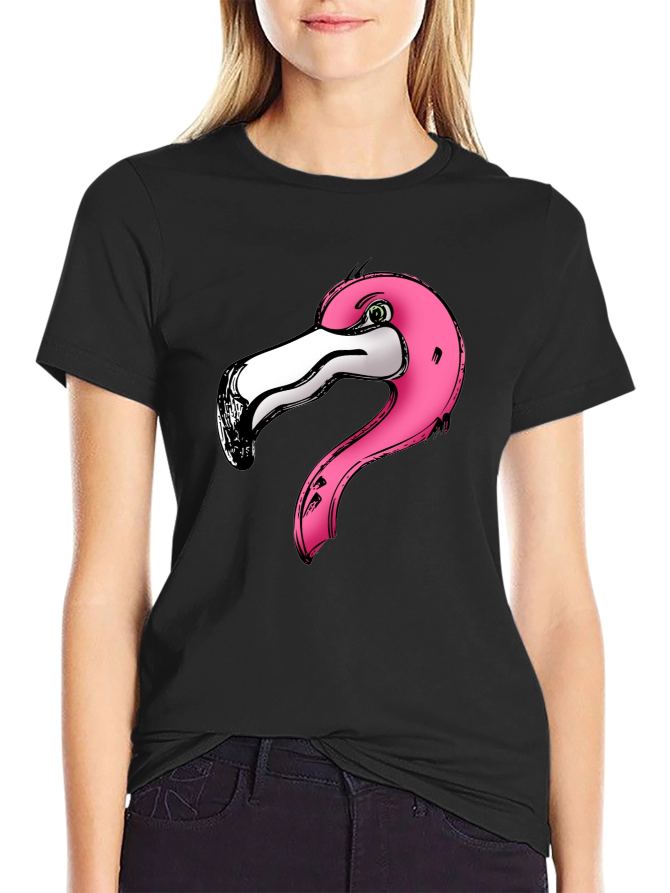 Black Pink Flamingo Graphic Print Black T-Shirt view 2