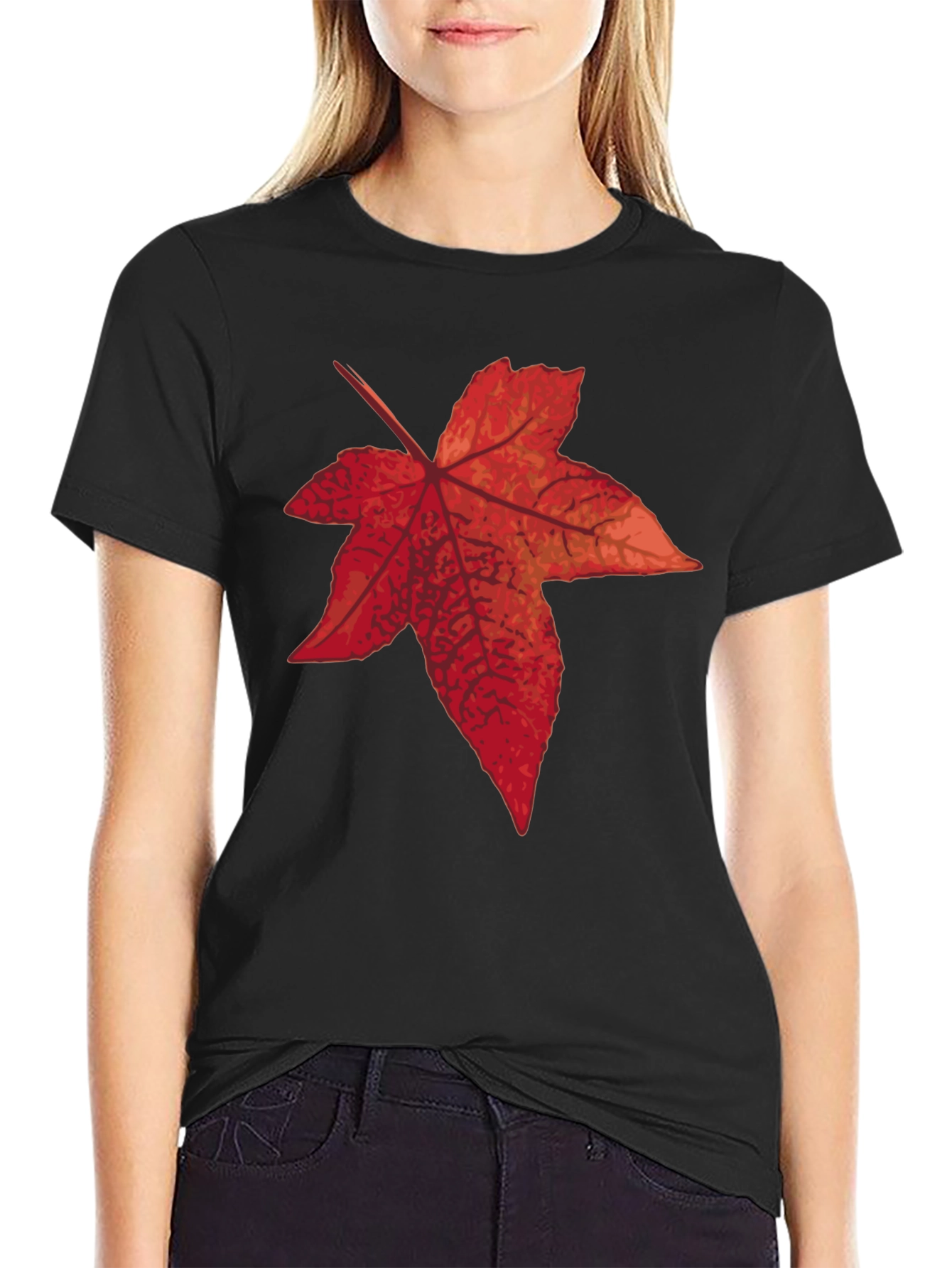 Black Autumn Leaf Graphic Tee - Black Cotton T-Shirt view 2